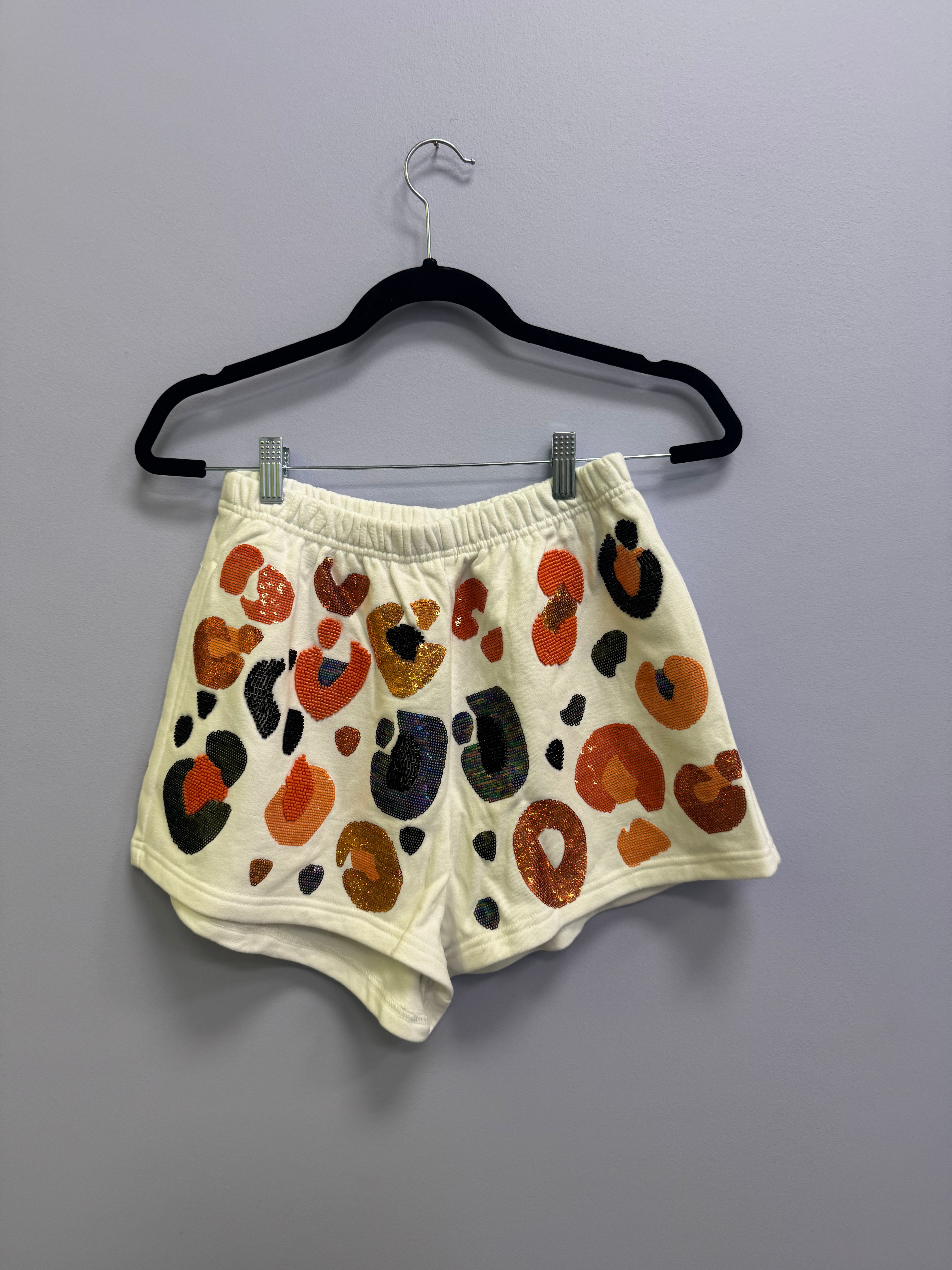 SAMPLE- WHITE & NAVY & ORANGE LEOPARD SEQUIN & SEAD BEAD SHORTS