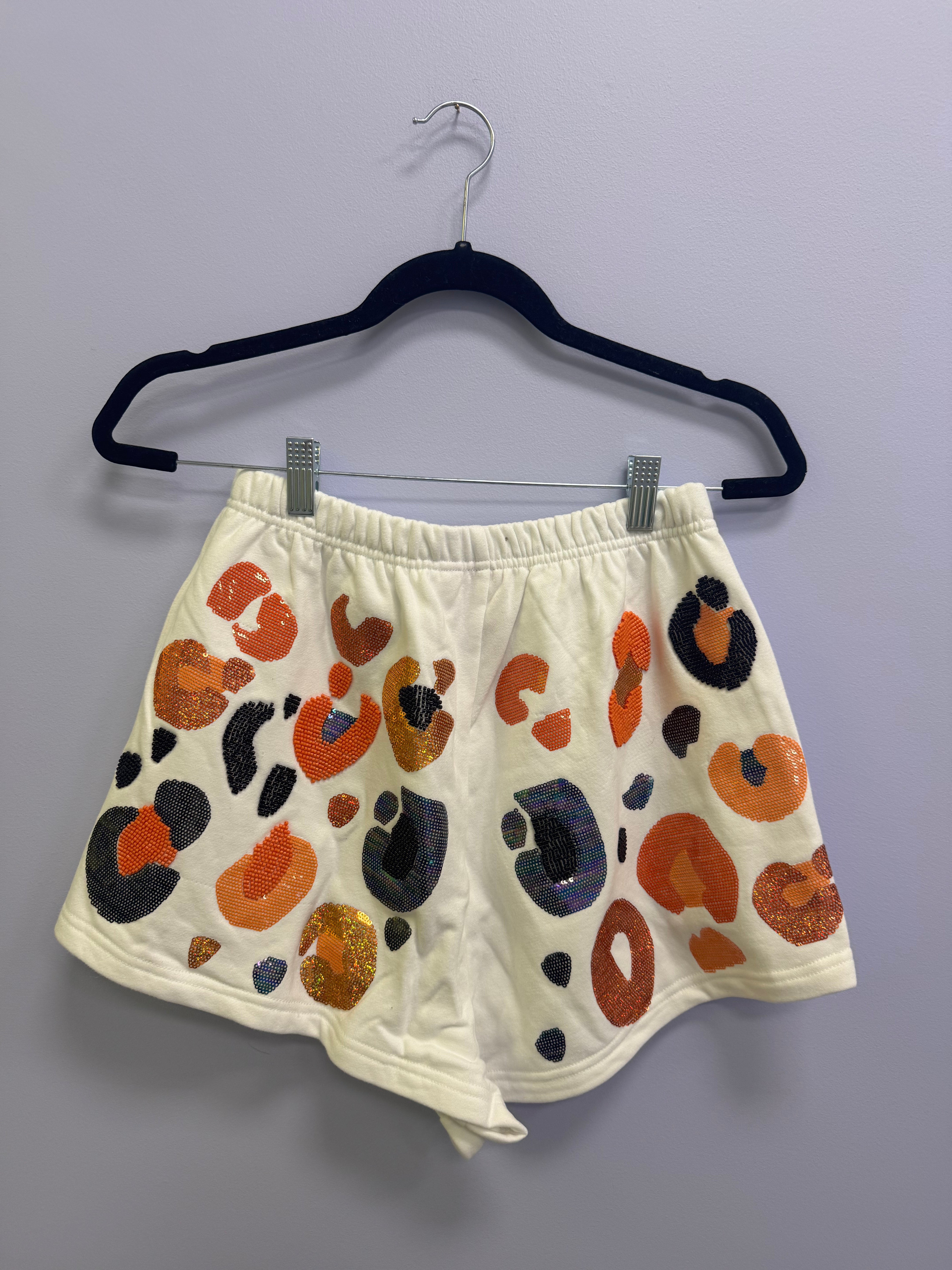 SAMPLE- WHITE & NAVY & ORANGE LEOPARD SEQUIN & SEAD BEAD SHORTS