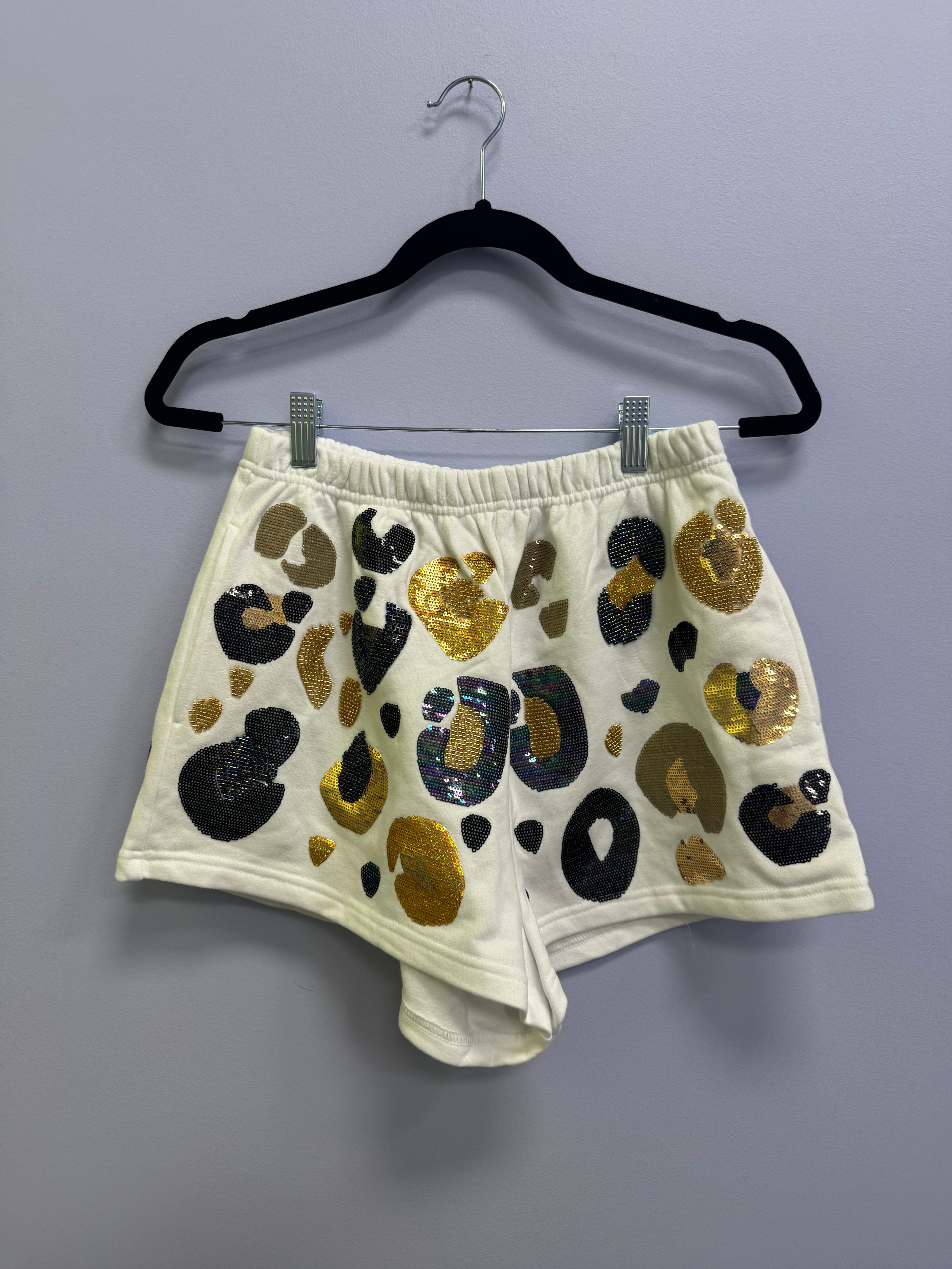 SAMPLE- WHITE & BLACK & GOLD LEOPARD SEQUIN & SEAD BEAD SHORTS