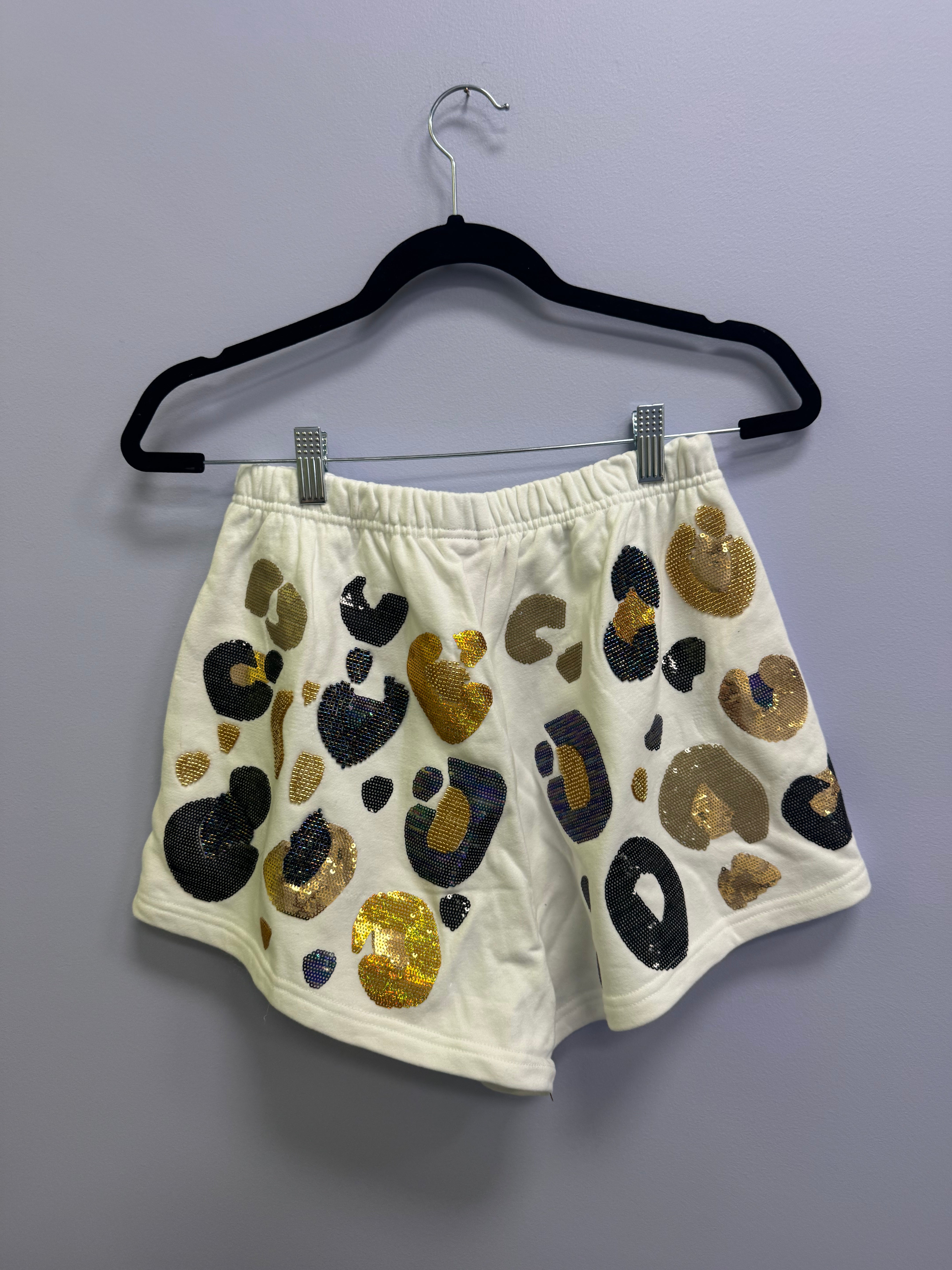 SAMPLE- WHITE & BLACK & GOLD LEOPARD SEQUIN & SEAD BEAD SHORTS