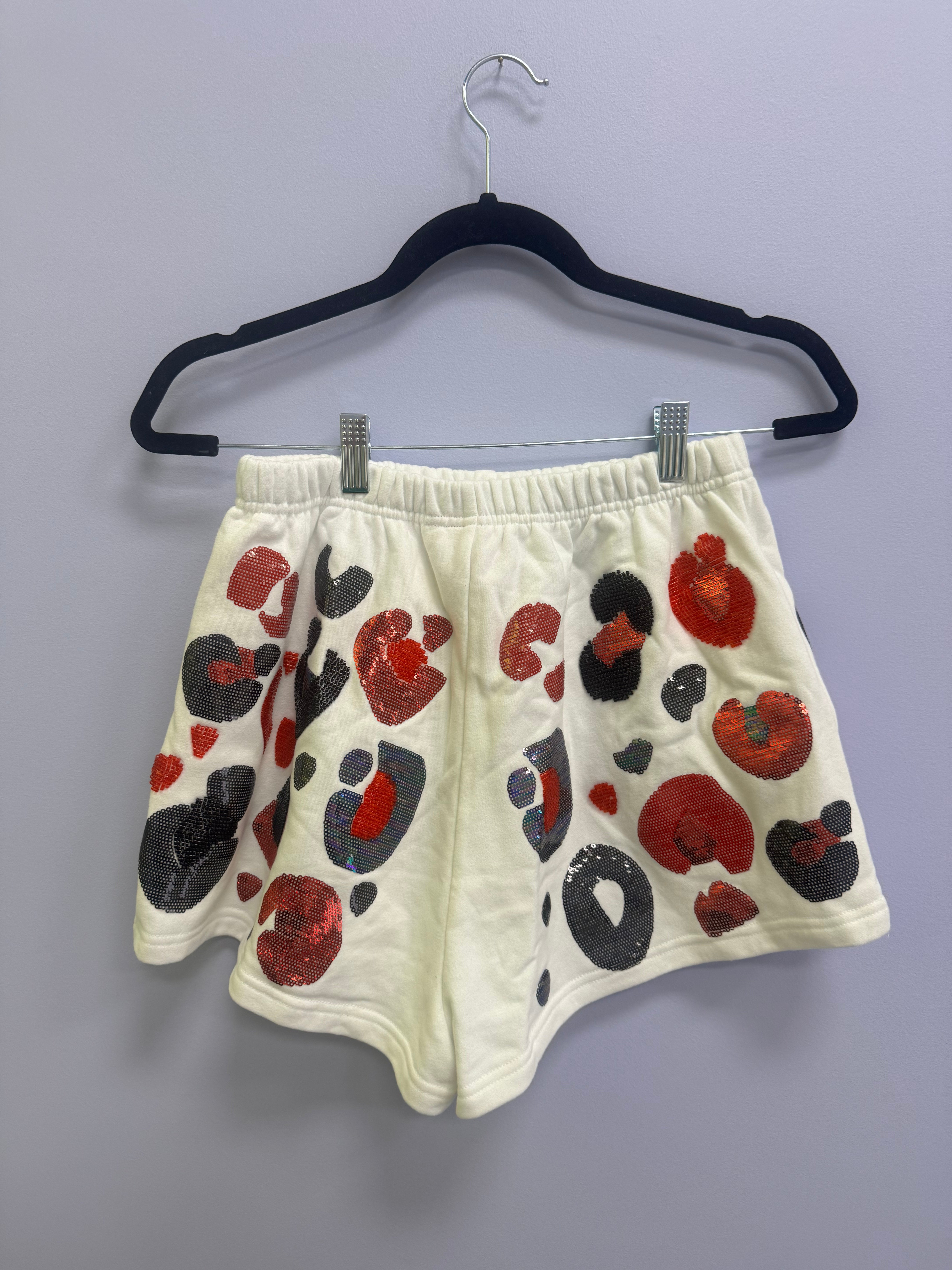 SAMPLE- WHITE & BLACK & RED LEOPARD SEQUIN & SEAD BEAD SHORTS