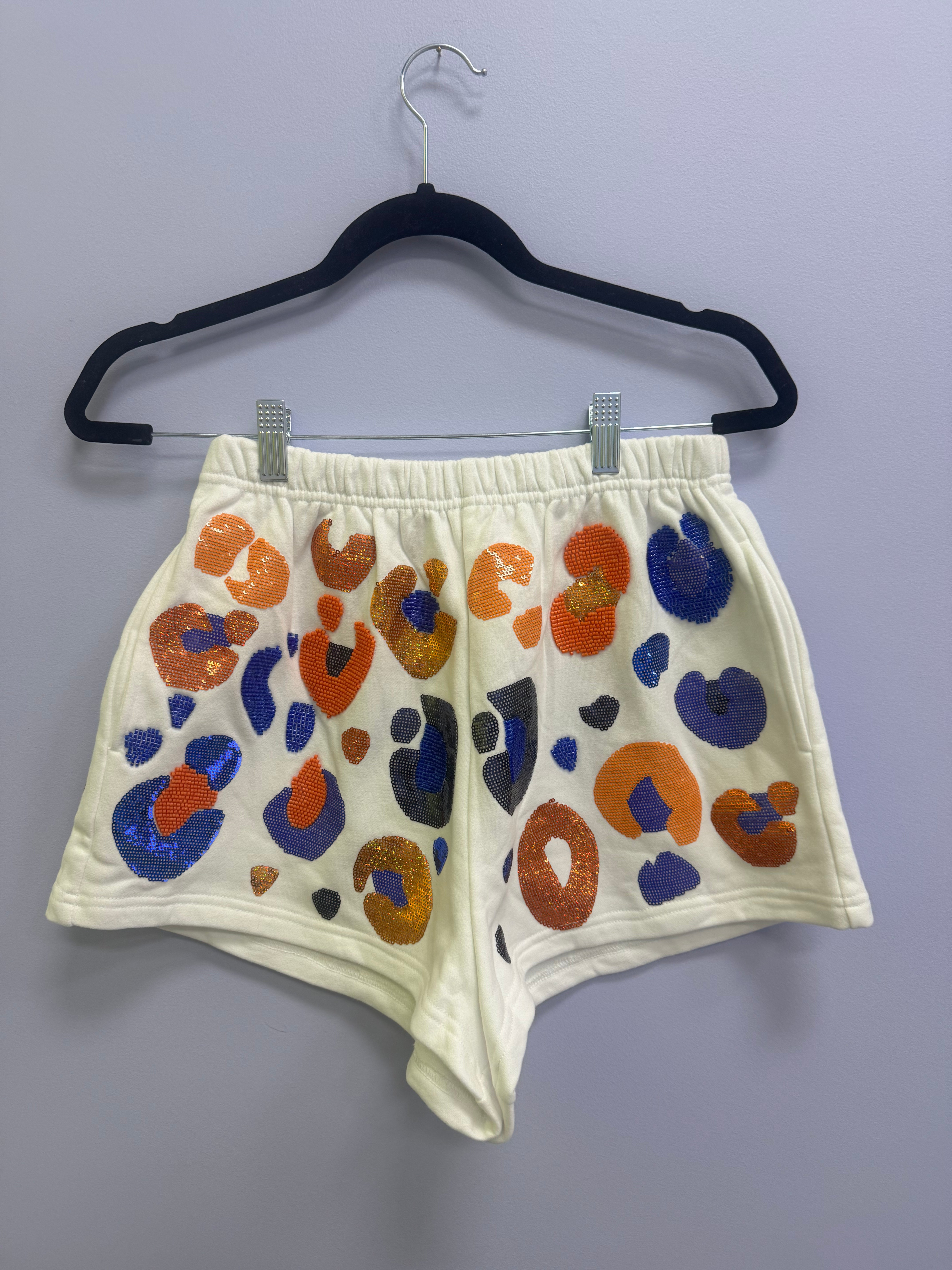 SAMPLE- WHITE & ROYAL & ORANGE LEOPARD SEQUIN & SEAD BEAD SHORTS