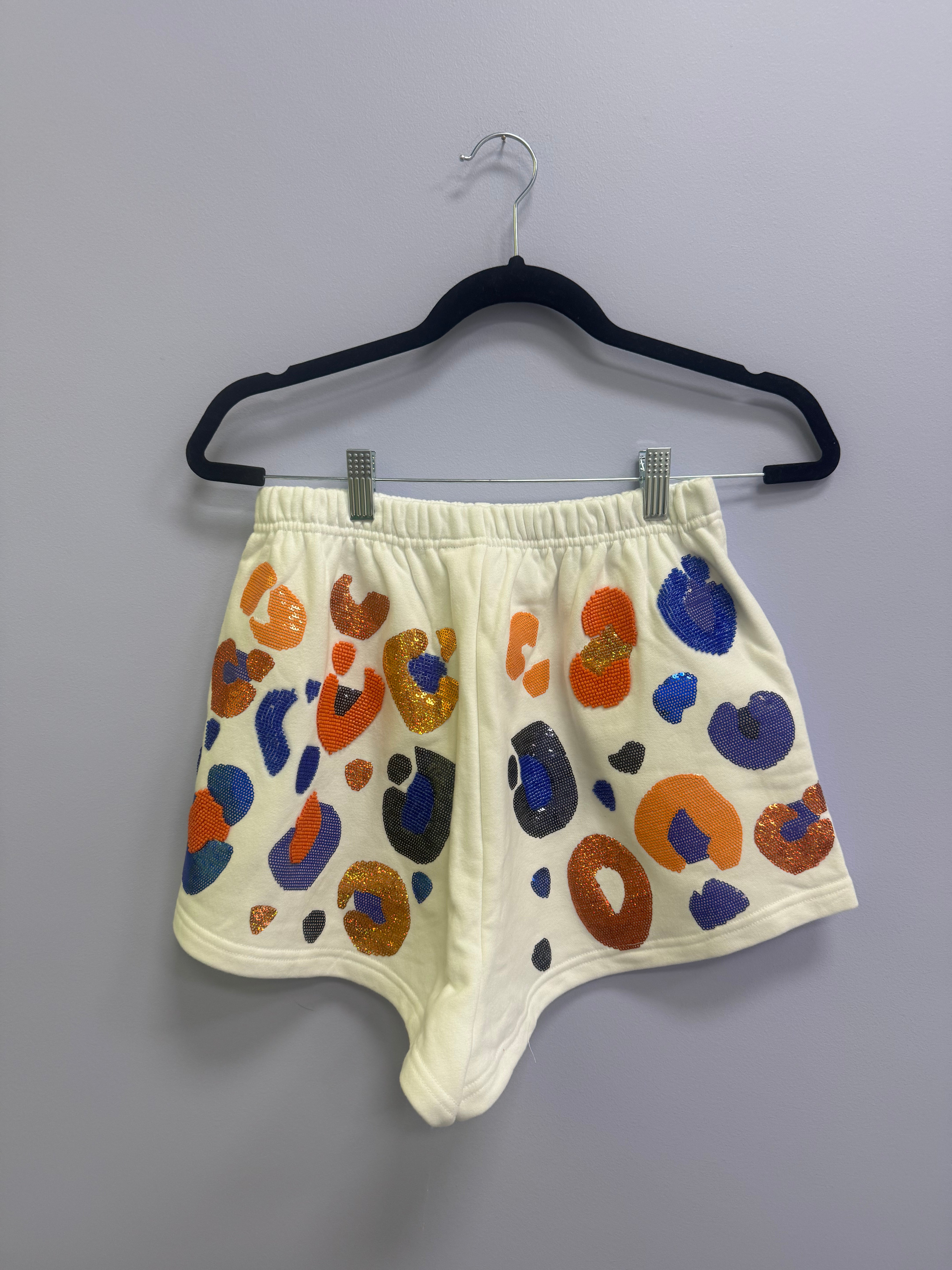 SAMPLE- WHITE & ROYAL & ORANGE LEOPARD SEQUIN & SEAD BEAD SHORTS