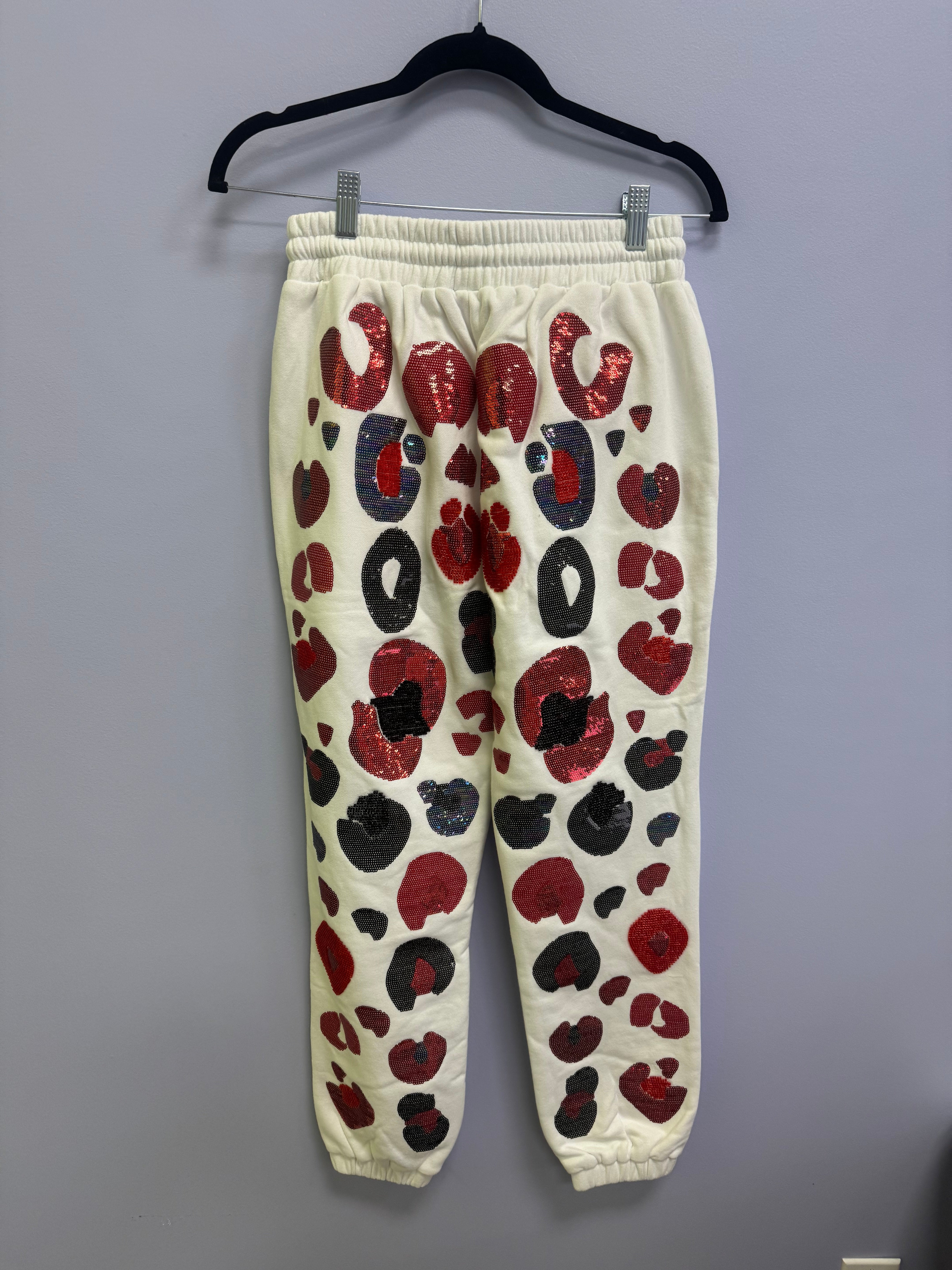 SAMPLE- WHITE & BLACK & RED LEOPARD SEQUIN & SEAD BEAD JOGGER