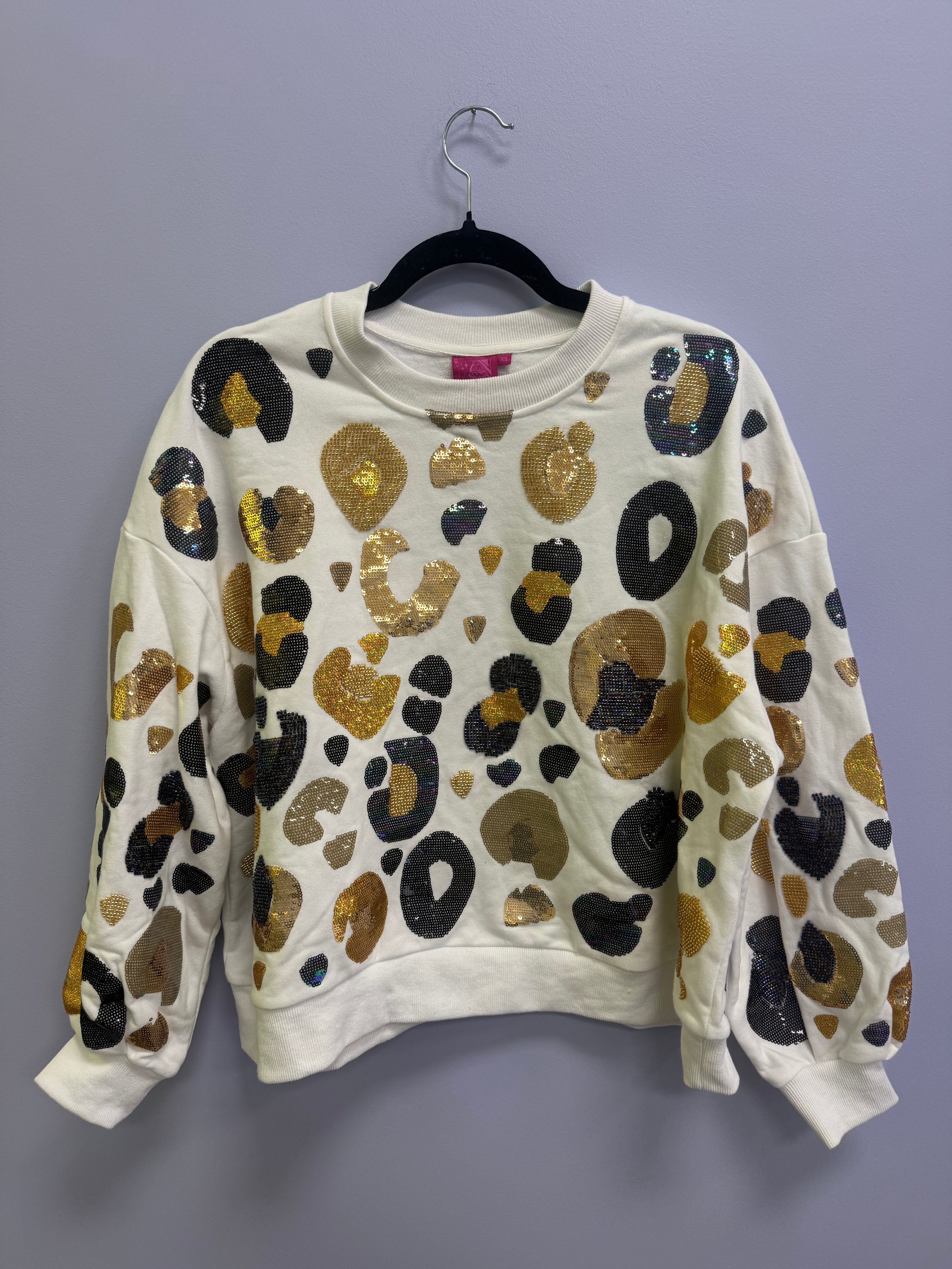 SAMPLE- WHITE & BLACK & GOLD LEOPARD SEQUIN & SEAD BEAD SWEATSHIRT