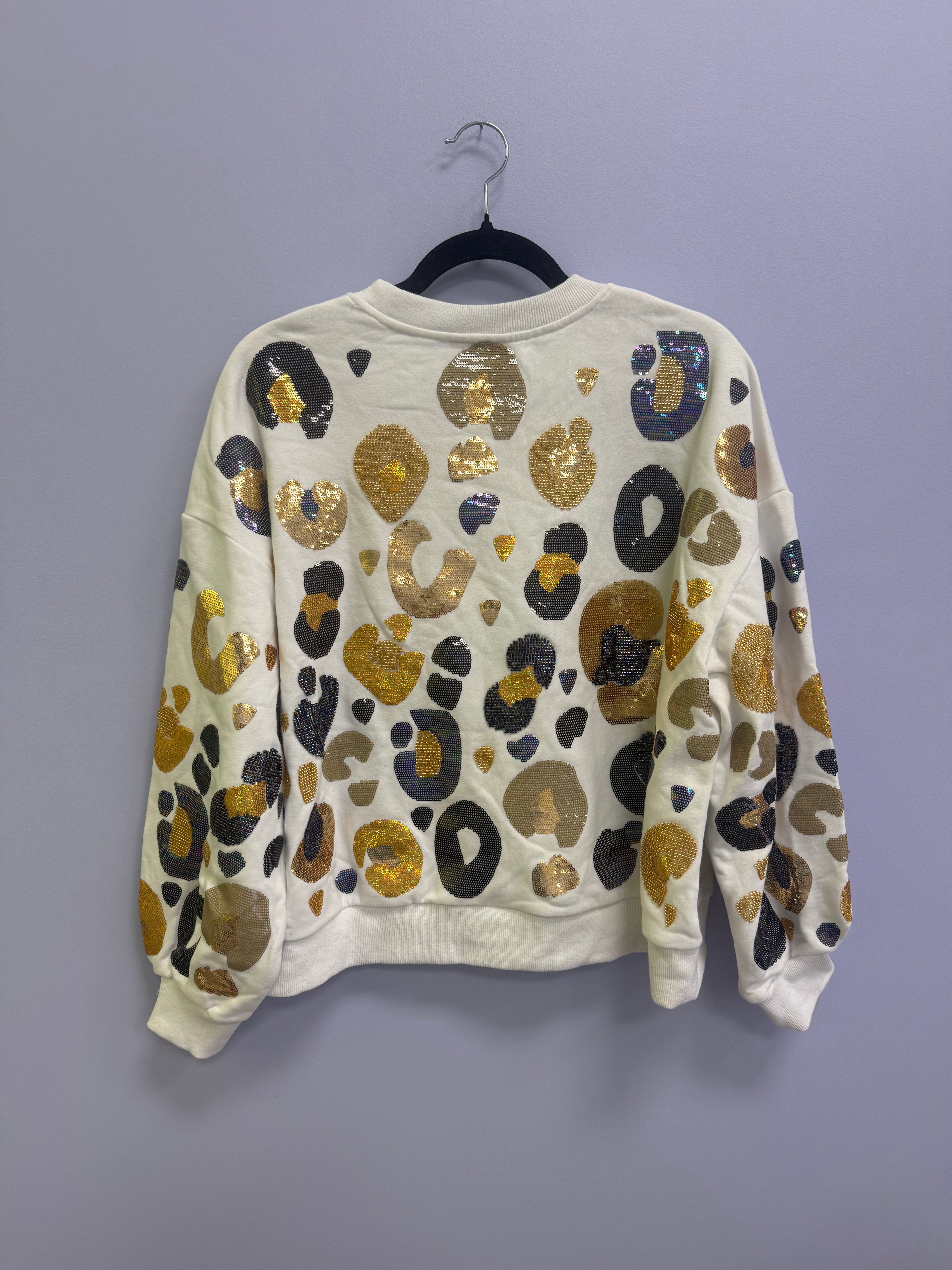 SAMPLE- WHITE & BLACK & GOLD LEOPARD SEQUIN & SEAD BEAD SWEATSHIRT