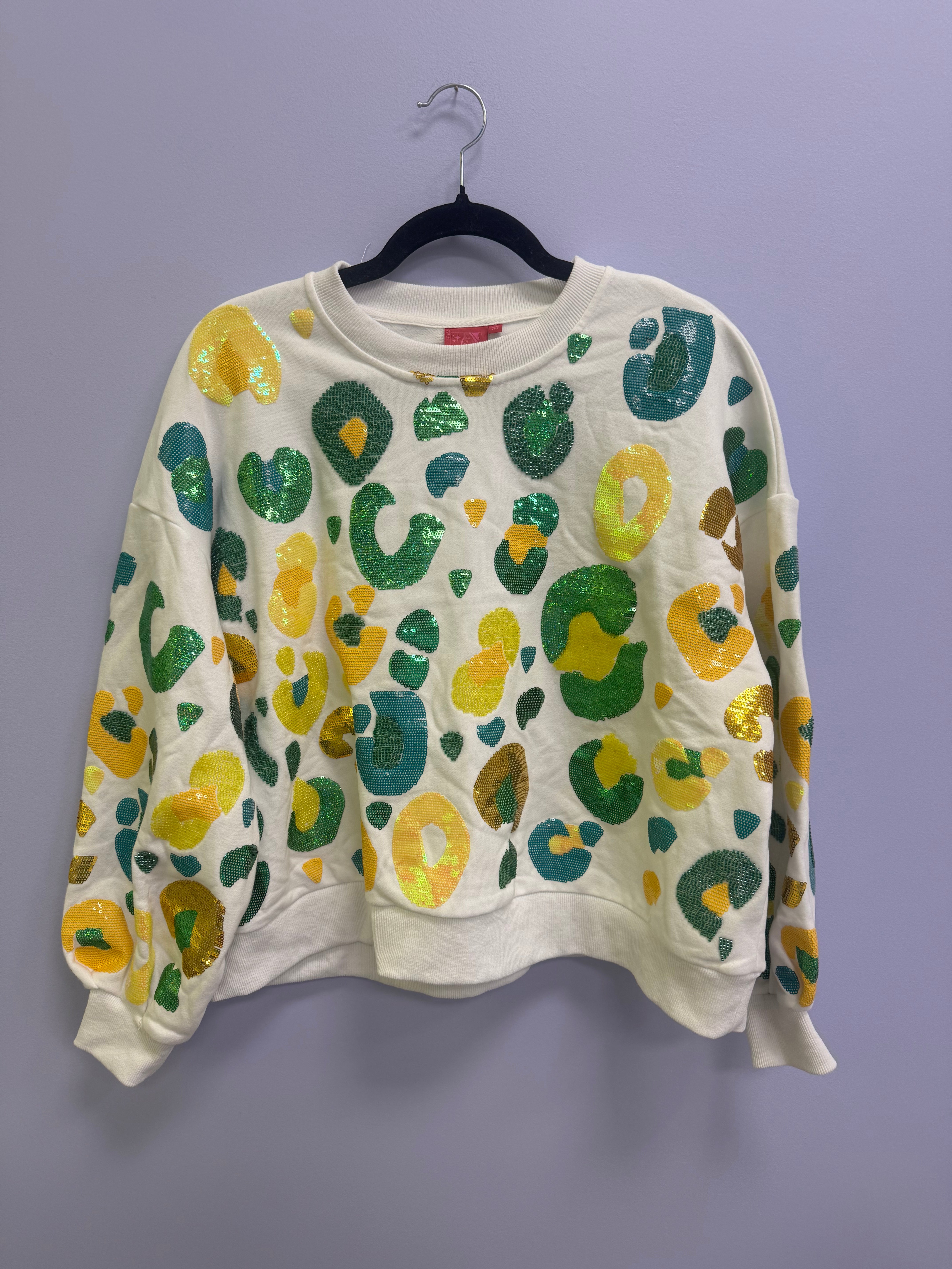 SAMPLE- WHITE & YELLOW & GREEN LEOPARD SEQUIN & SEAD BEAD SWEATSHIRT