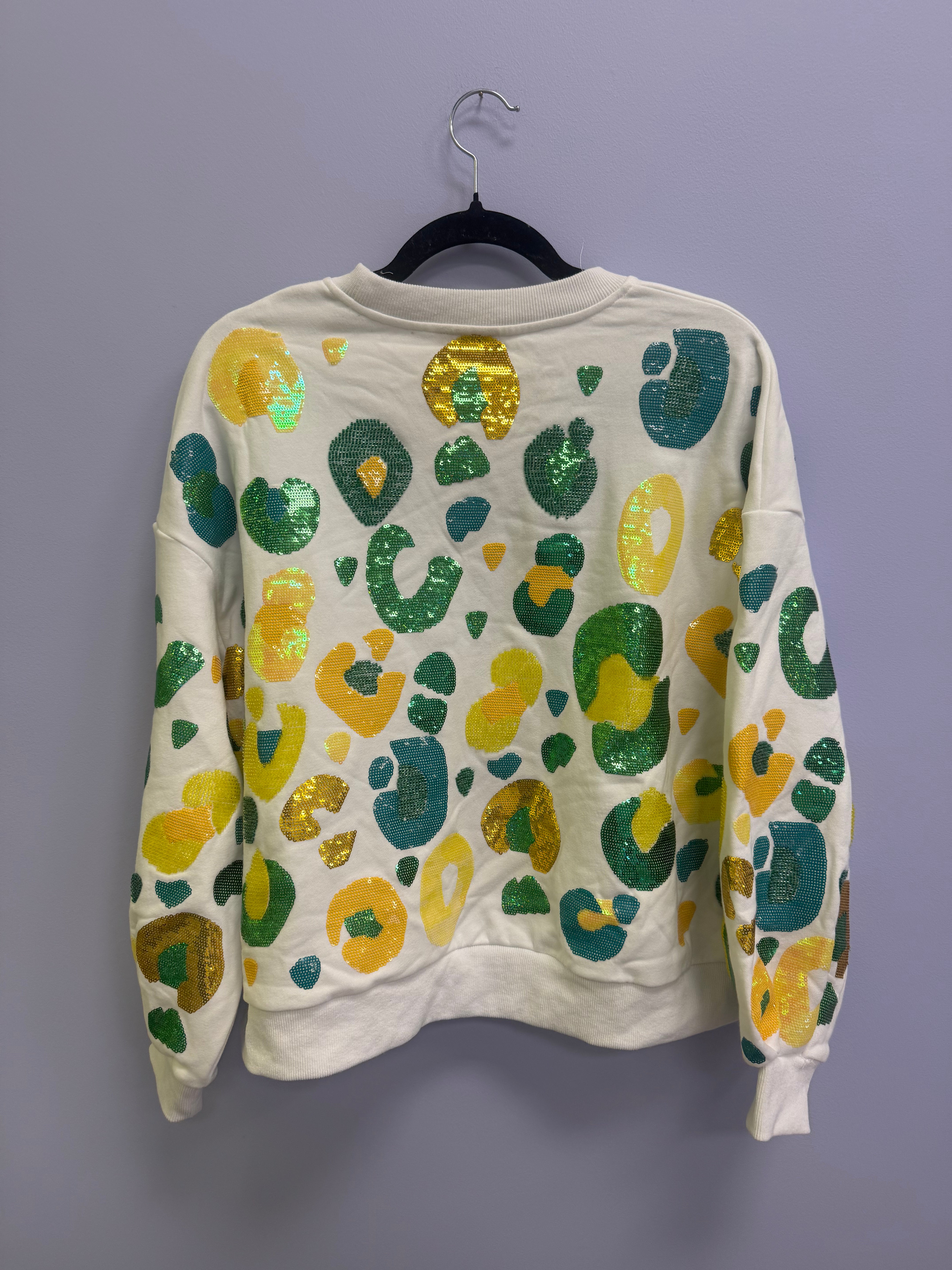 SAMPLE- WHITE & YELLOW & GREEN LEOPARD SEQUIN & SEAD BEAD SWEATSHIRT