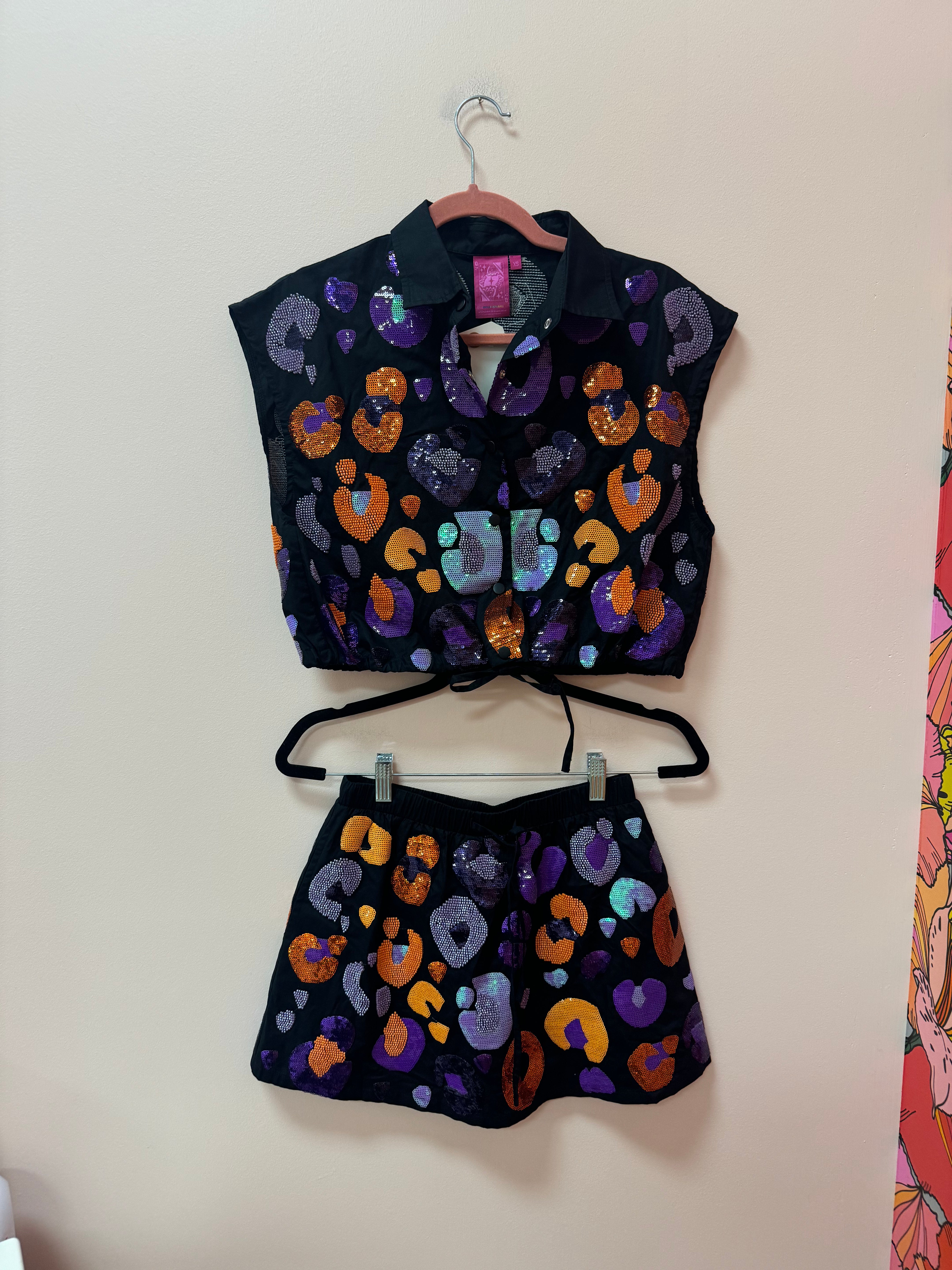 SAMPLE- BLACK, PURPLE & ORANGE LEOPARD SEQUIN & SEAD BEAD COTTON COLLAR SET