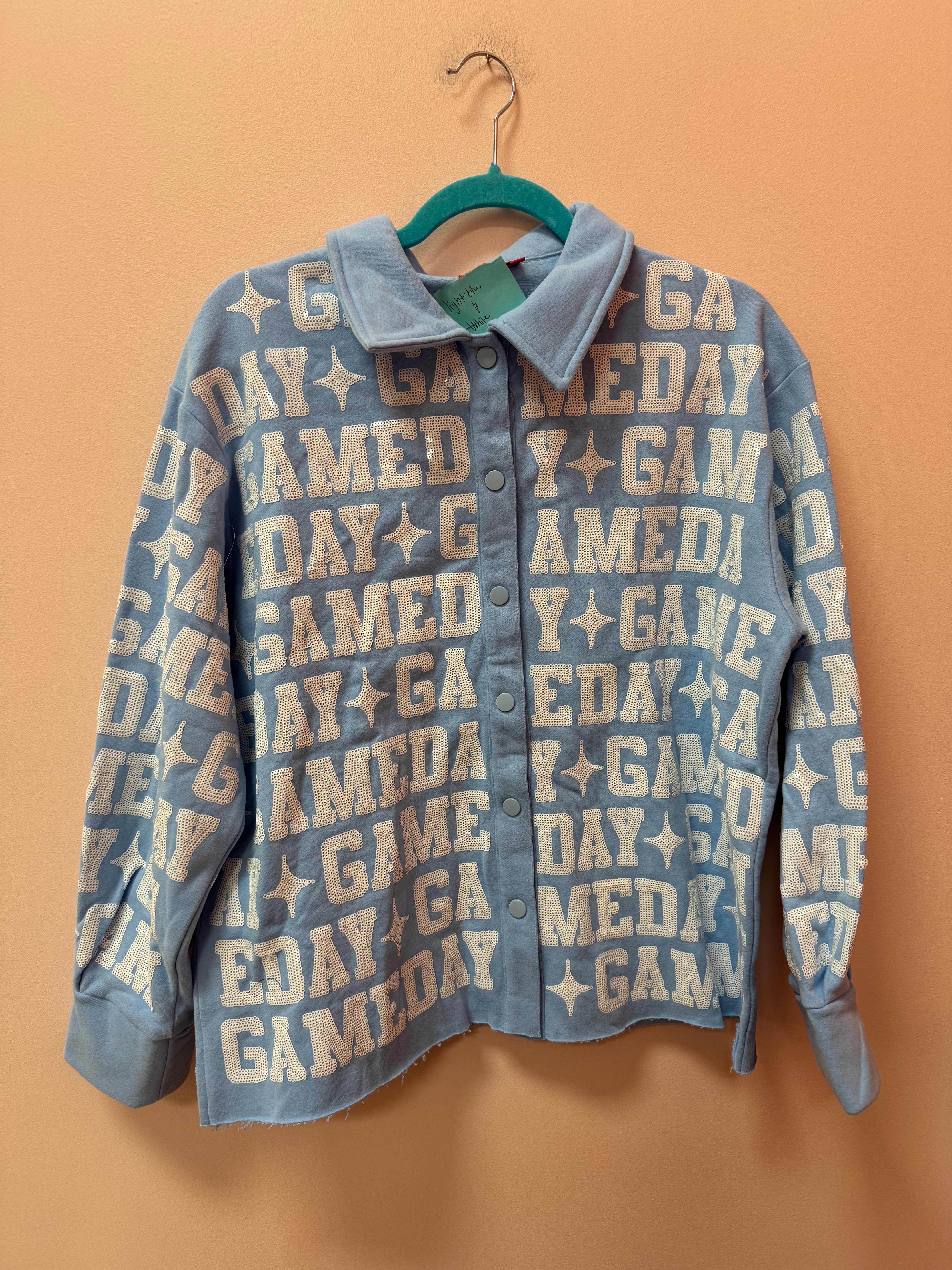 SAMPLE- LIGHT BLUE & WHITE 'GAMEDAY' ALL OVER SHACKET