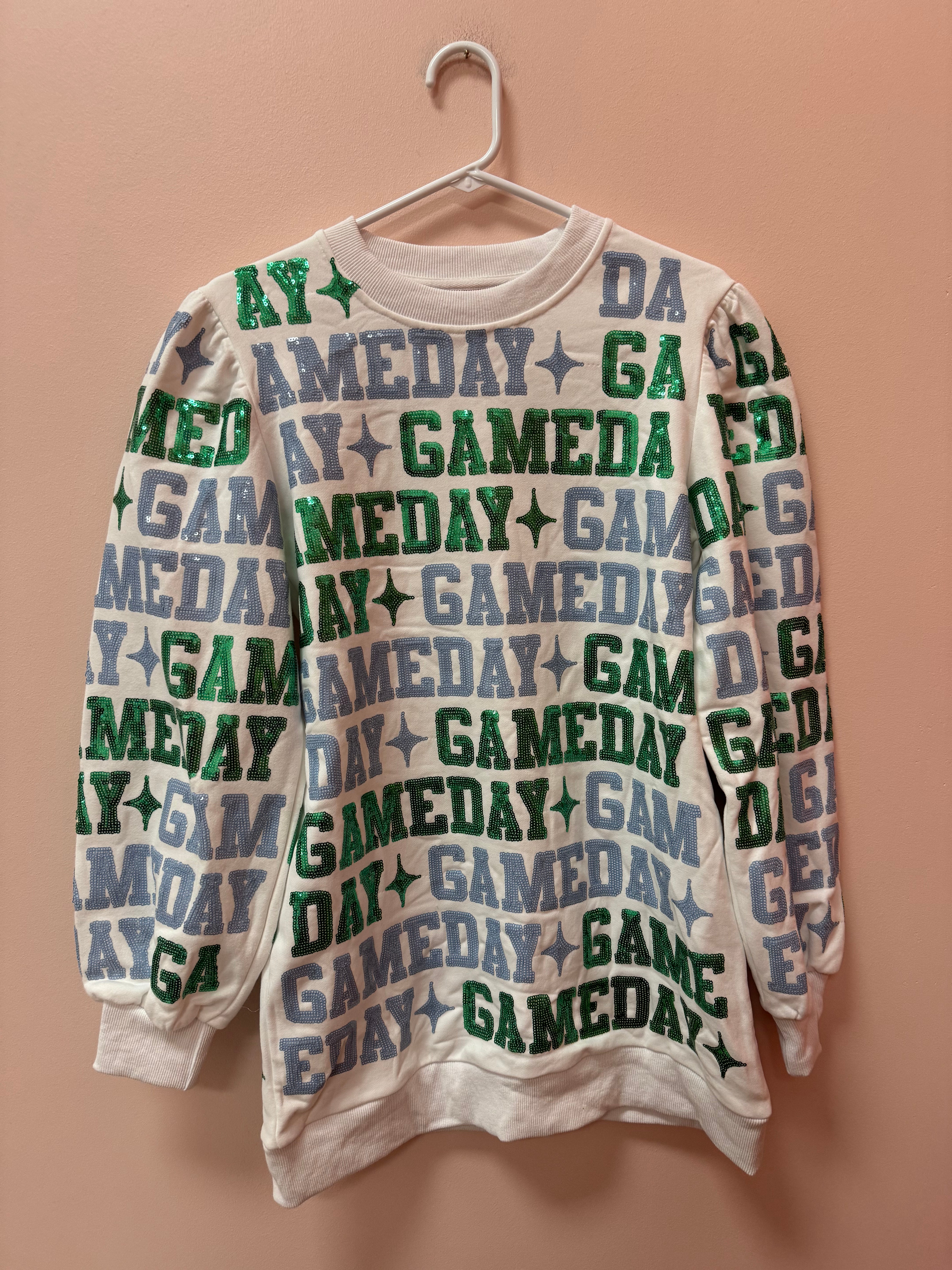 SAMPLE- WHITE, LIGHT BLUE & GREEN 'GAMEDAY' ALL OVER SWEATSHIRT DRESS