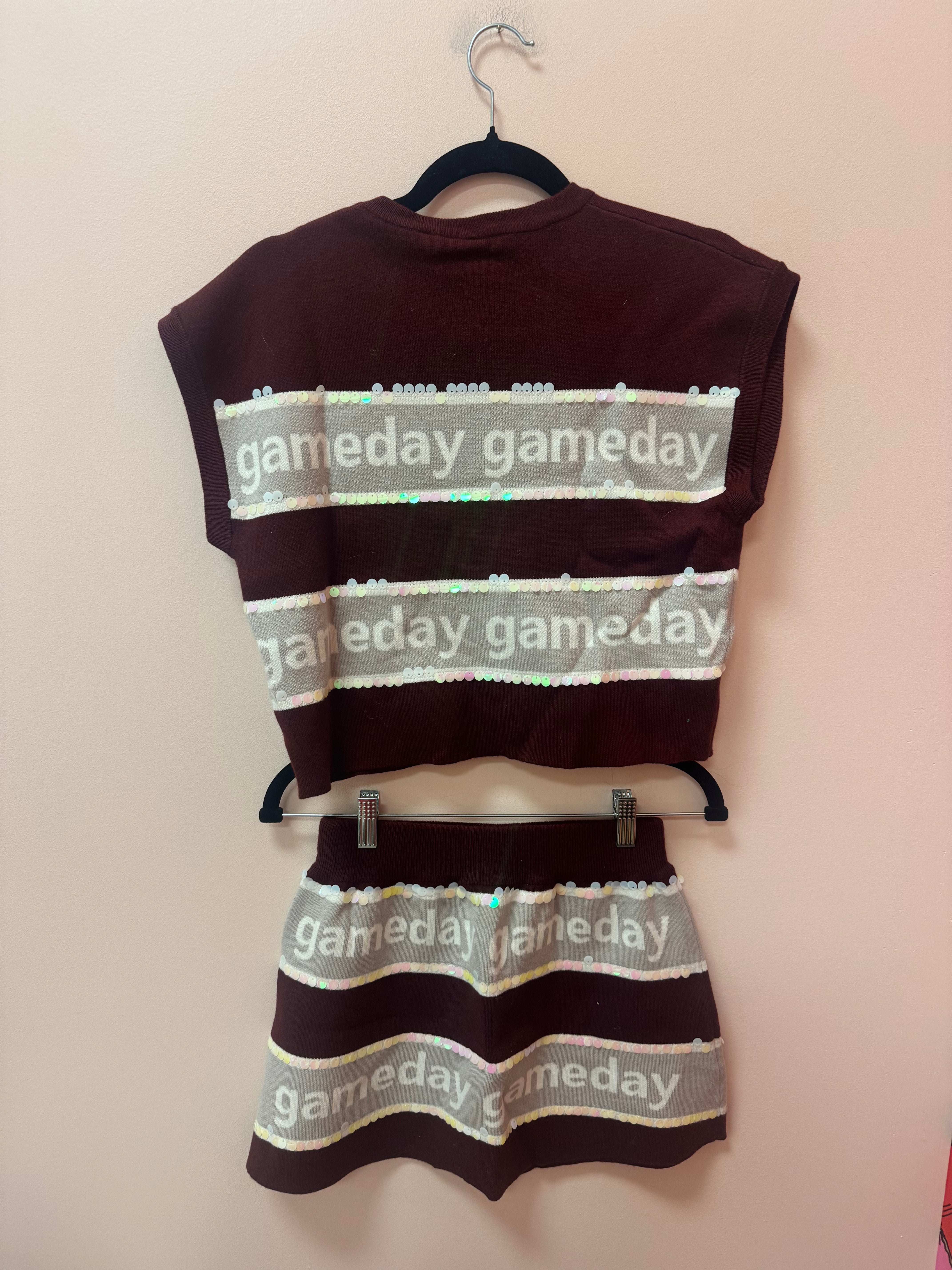 SAMPLE- MAROON & GREY STRIPE 'GAMEDAY' SHORT SLEEVE SWEATER TOP/SKIRT SET