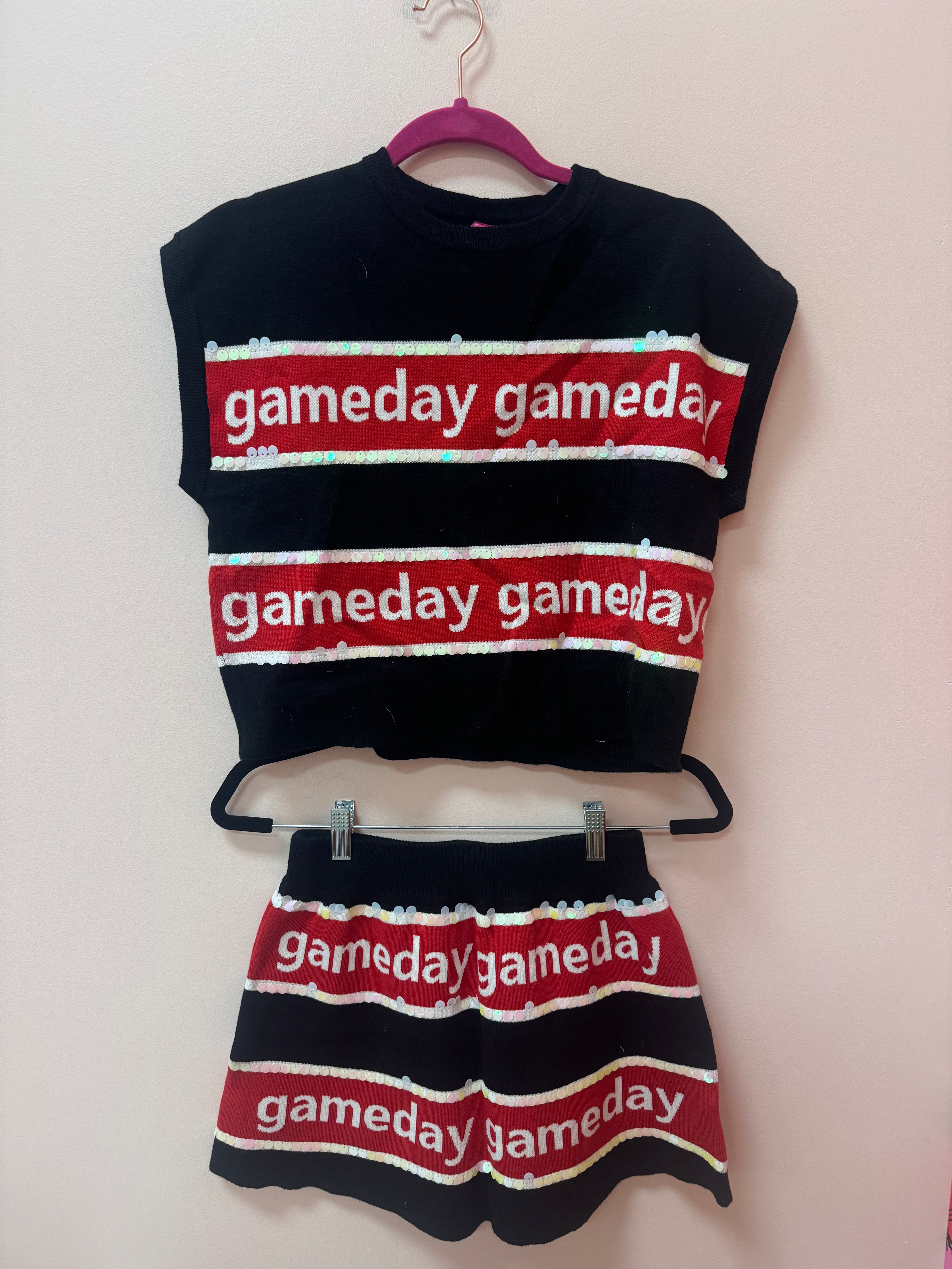 SAMPLE- BLACK & RED STRIPE 'GAMEDAY' SHORT SLEEVE SWEATER TOP/SKIRT SET