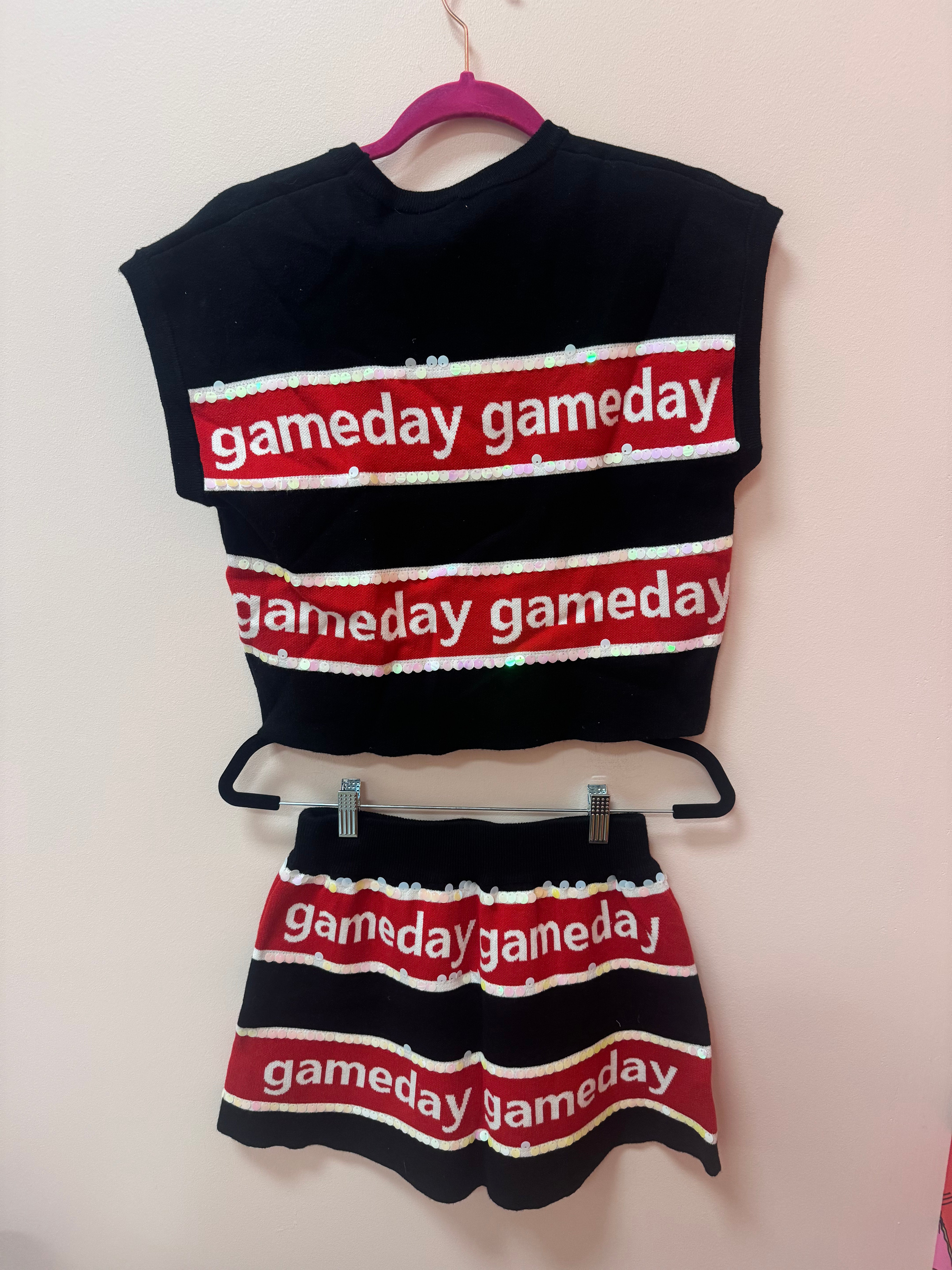 SAMPLE- BLACK & RED STRIPE 'GAMEDAY' SHORT SLEEVE SWEATER TOP/SKIRT SET