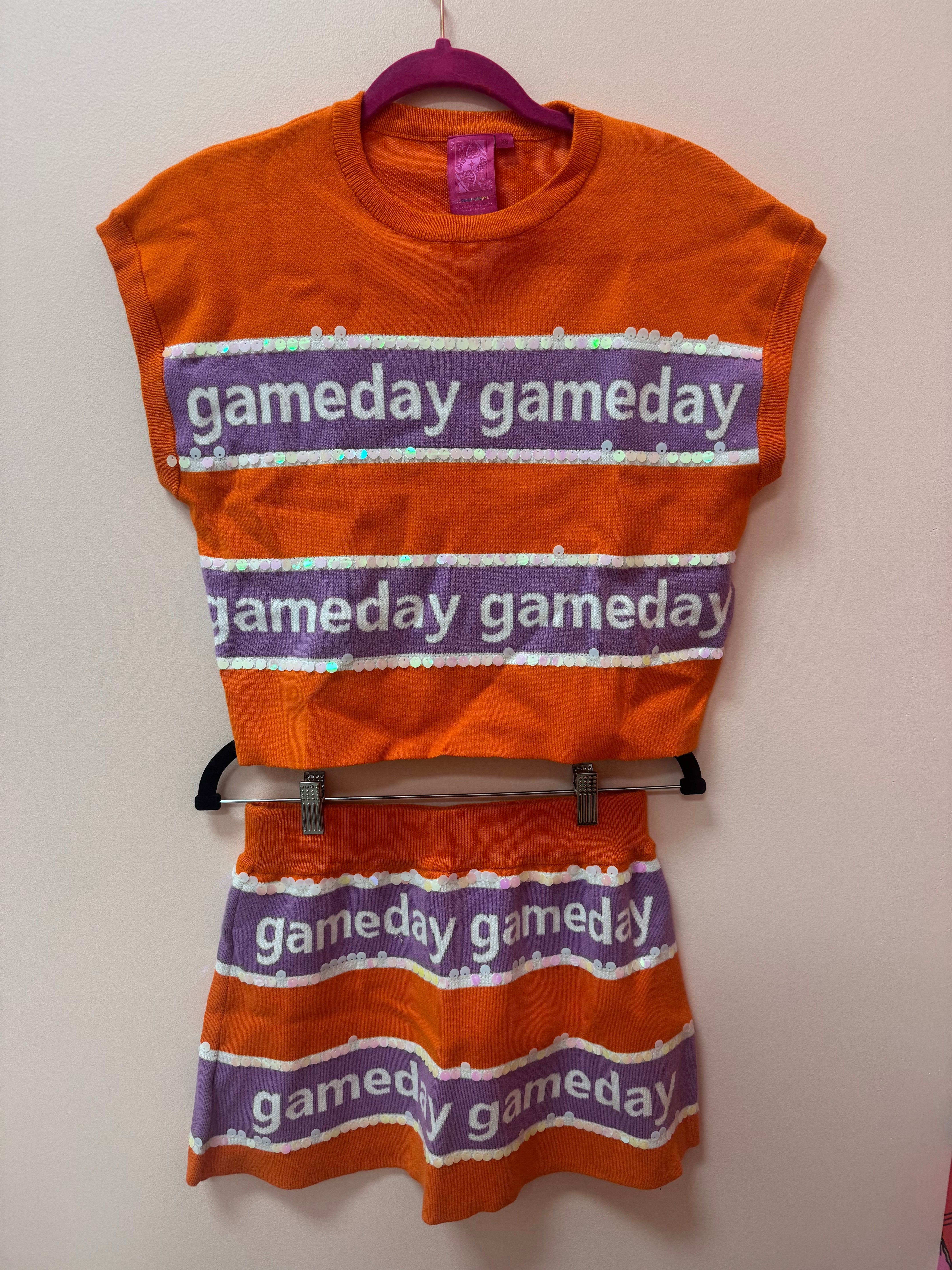 SAMPLE- ORANGE & PURPLE STRIPE 'GAMEDAY' SHORT SLEEVE SWEATER TOP/SKIRT SET