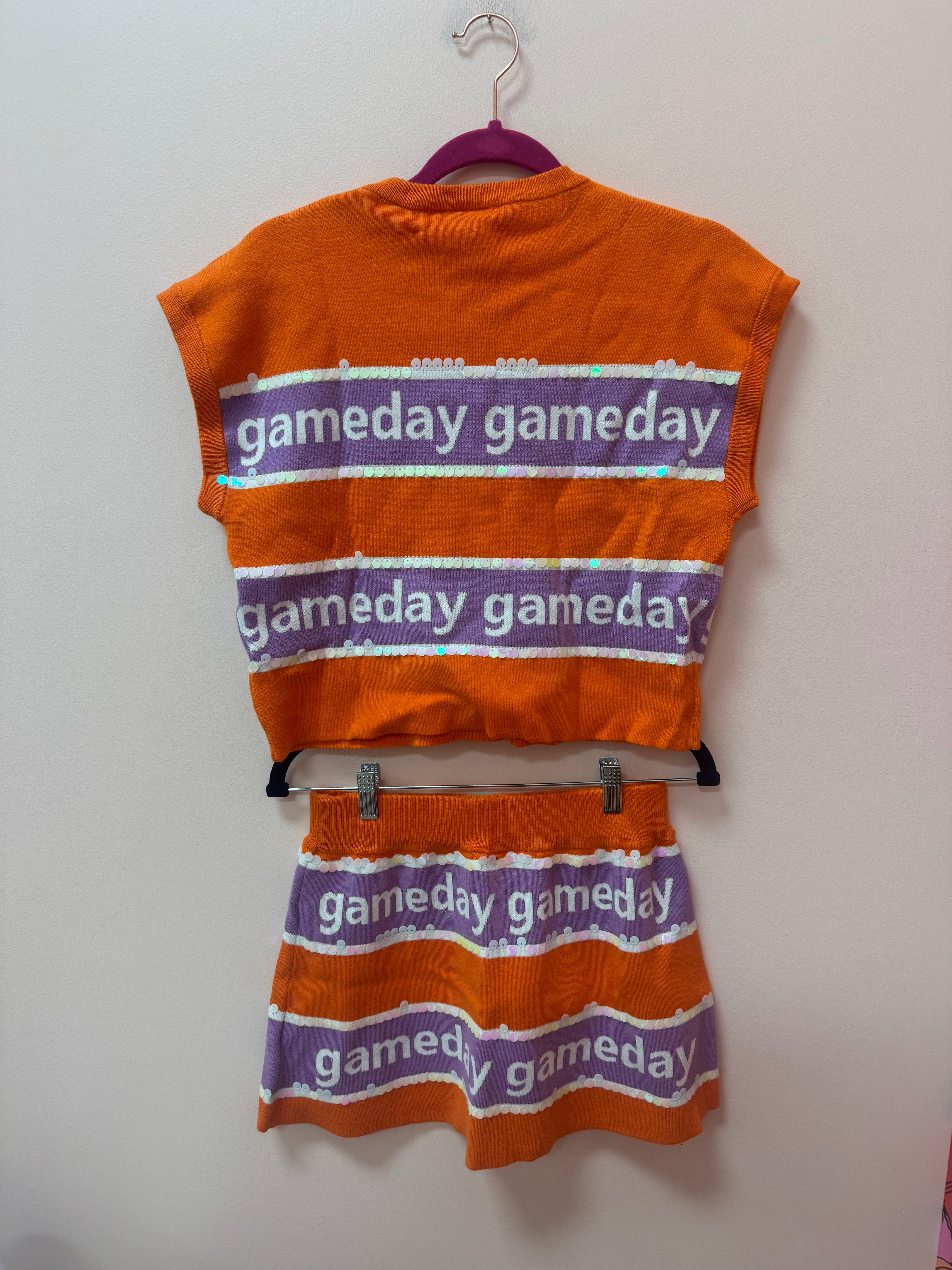 SAMPLE- ORANGE & PURPLE STRIPE 'GAMEDAY' SHORT SLEEVE SWEATER TOP/SKIRT SET