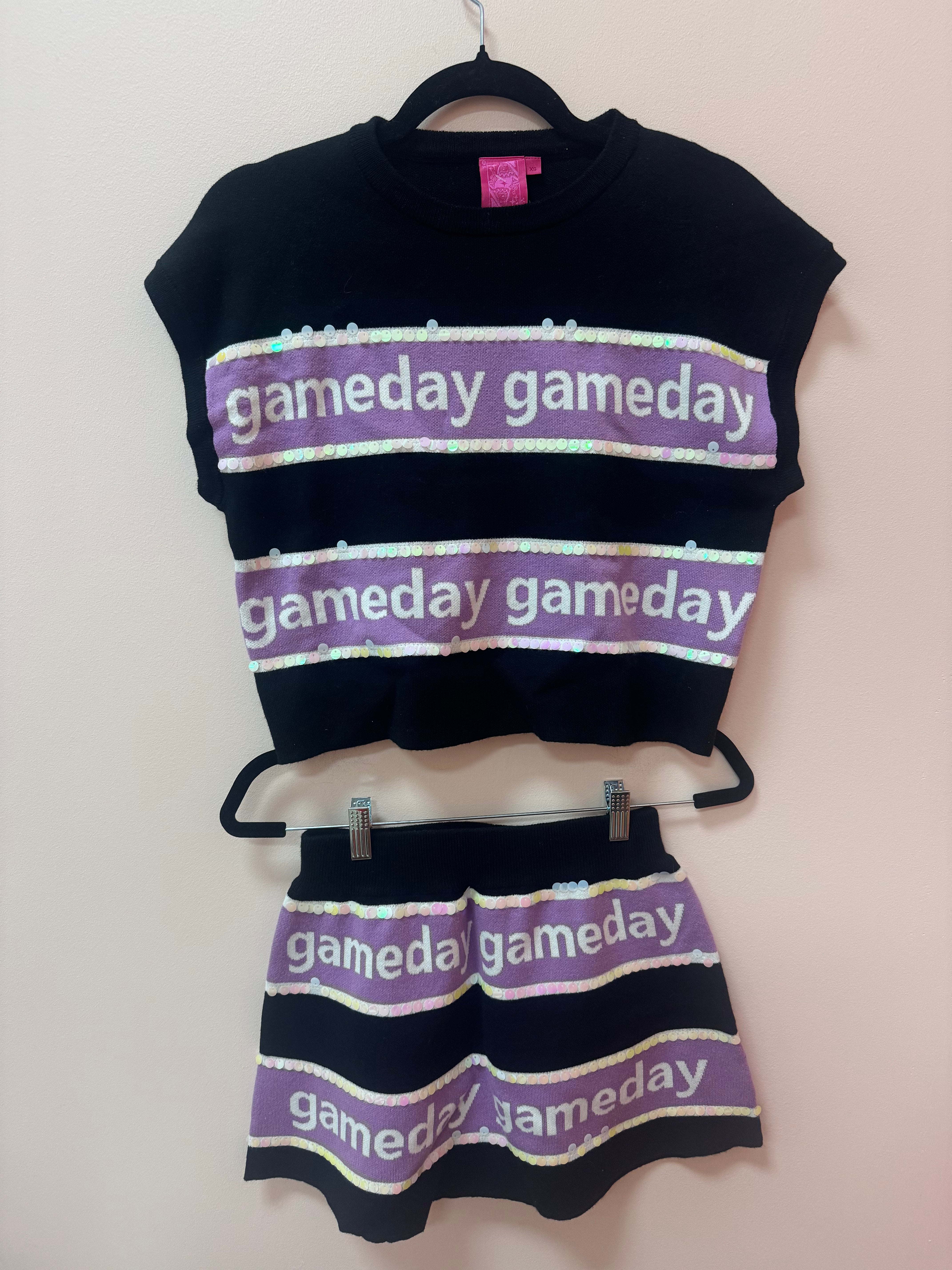 SAMPLE- BLACK & PURPLE STRIPE 'GAMEDAY' SHORT SLEEVE SWEATER TOP/SKIRT SET