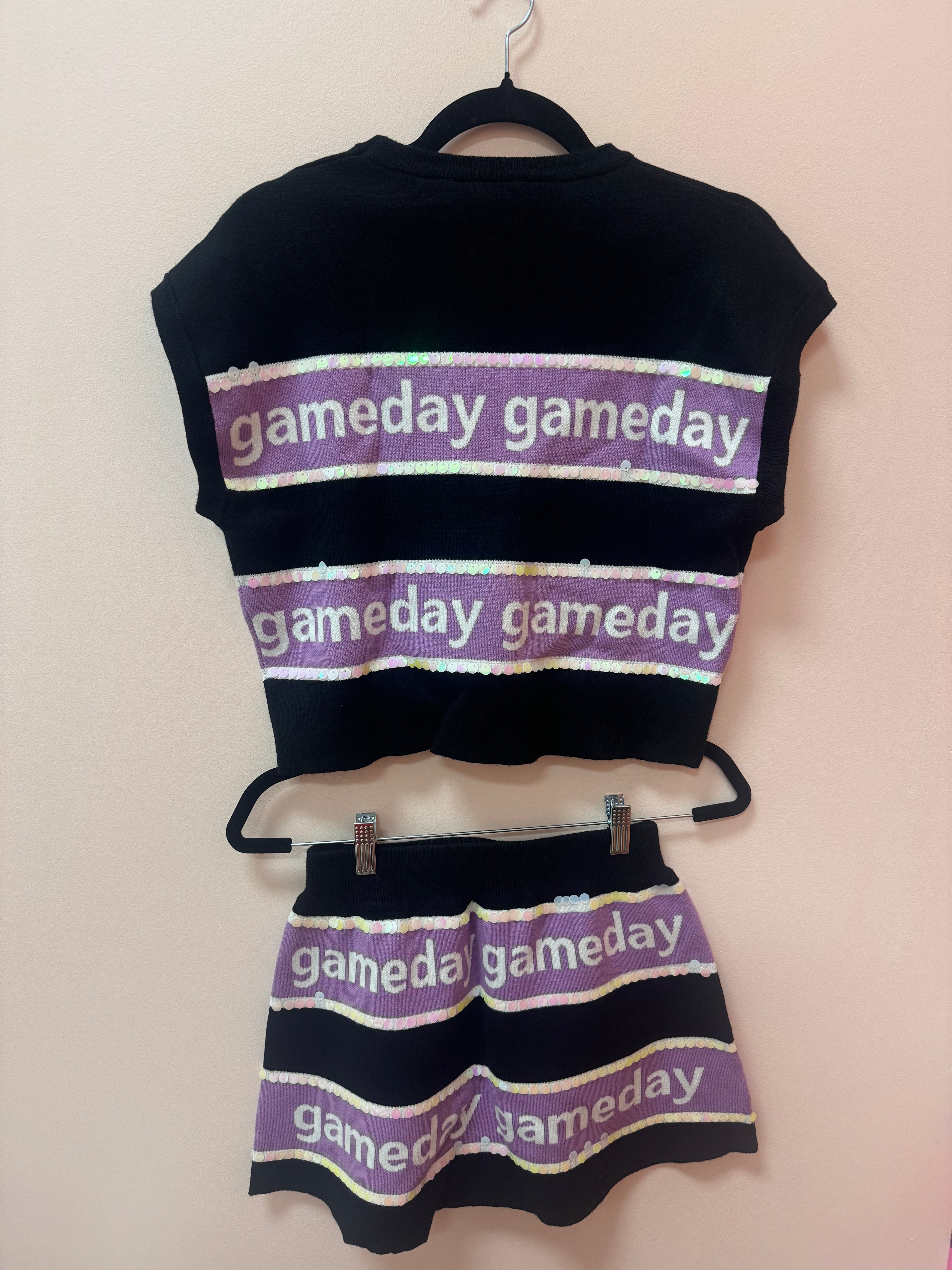 SAMPLE- BLACK & PURPLE STRIPE 'GAMEDAY' SHORT SLEEVE SWEATER TOP/SKIRT SET