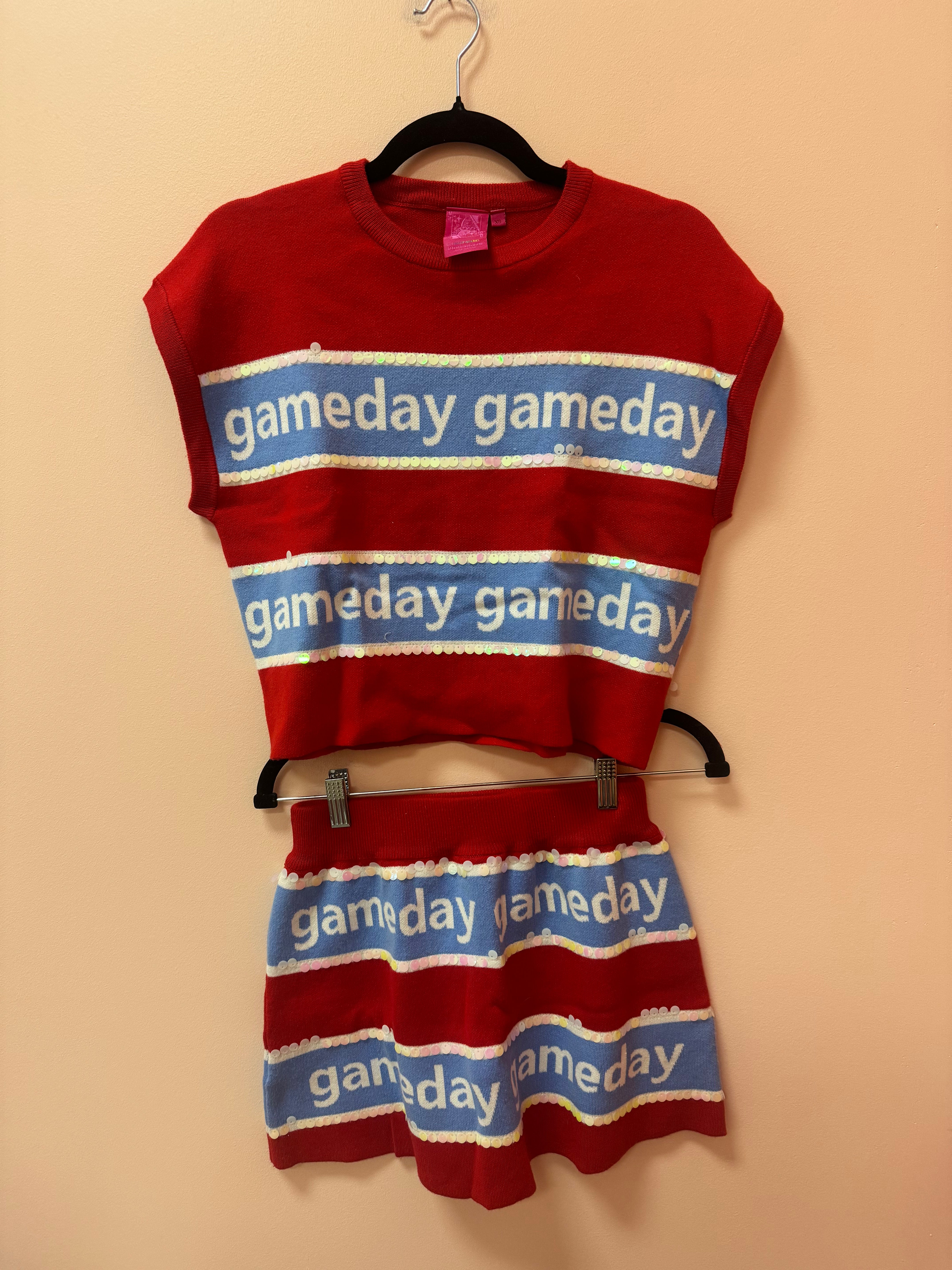 SAMPLE- RED & POWDER BLUE STRIPE 'GAMEDAY' SHORT SLEEVE SWEATER TOP/SKIRT SET