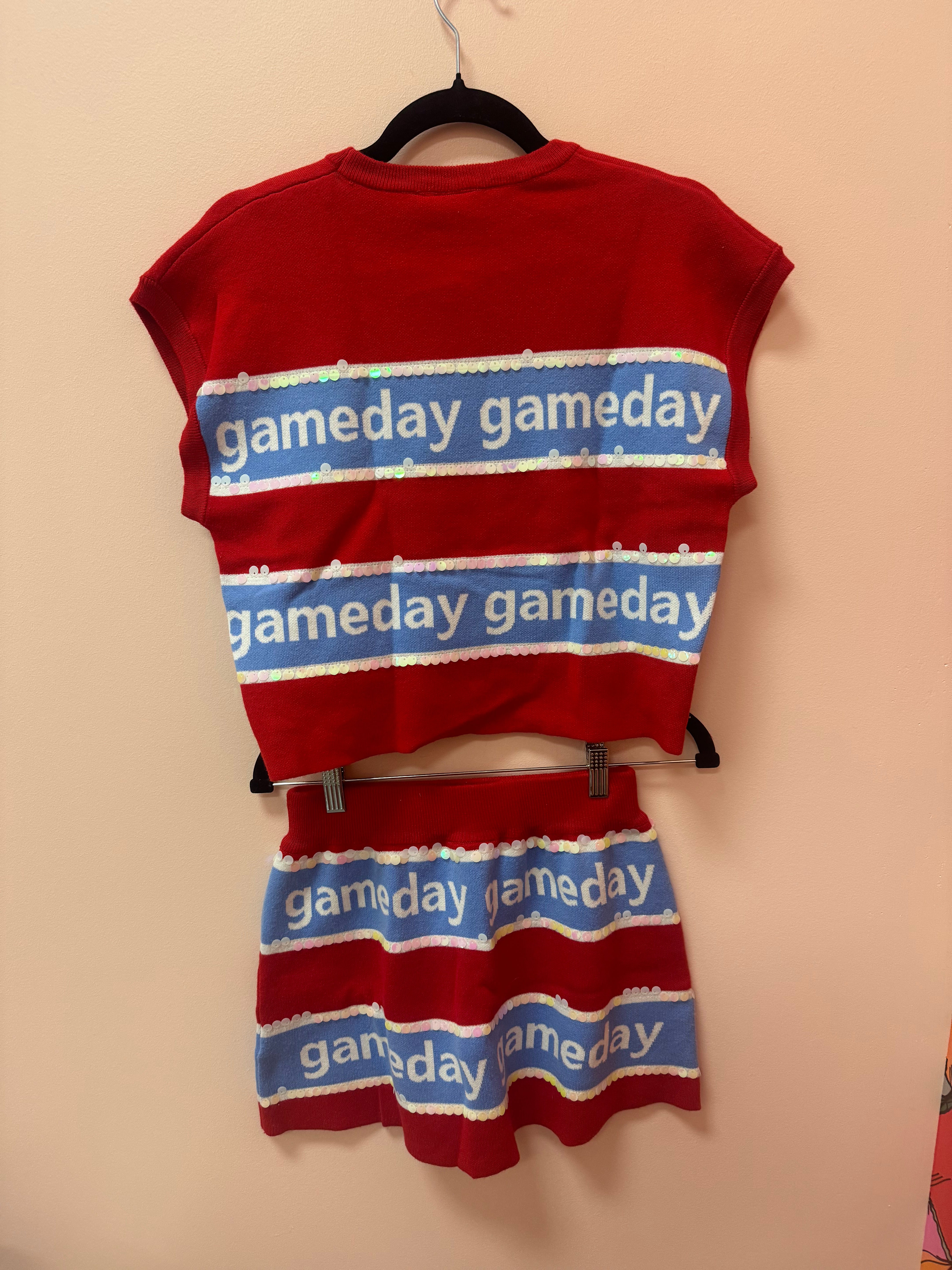 SAMPLE- RED & POWDER BLUE STRIPE 'GAMEDAY' SHORT SLEEVE SWEATER TOP/SKIRT SET