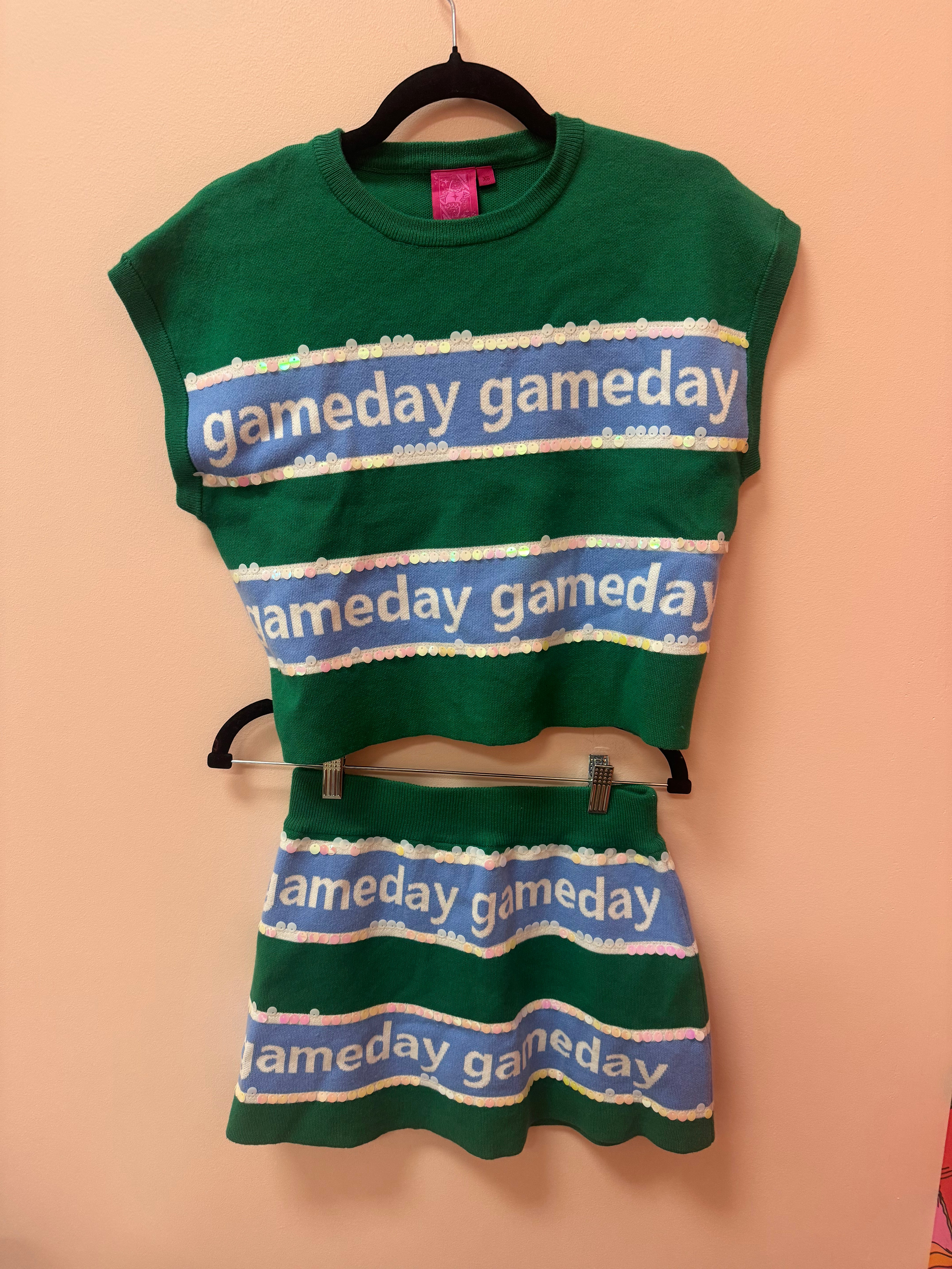 SAMPLE- GREEN & LIGHT BLUE STRIPE 'GAMEDAY' SHORT SLEEVE SWEATER TOP/SKIRT SET