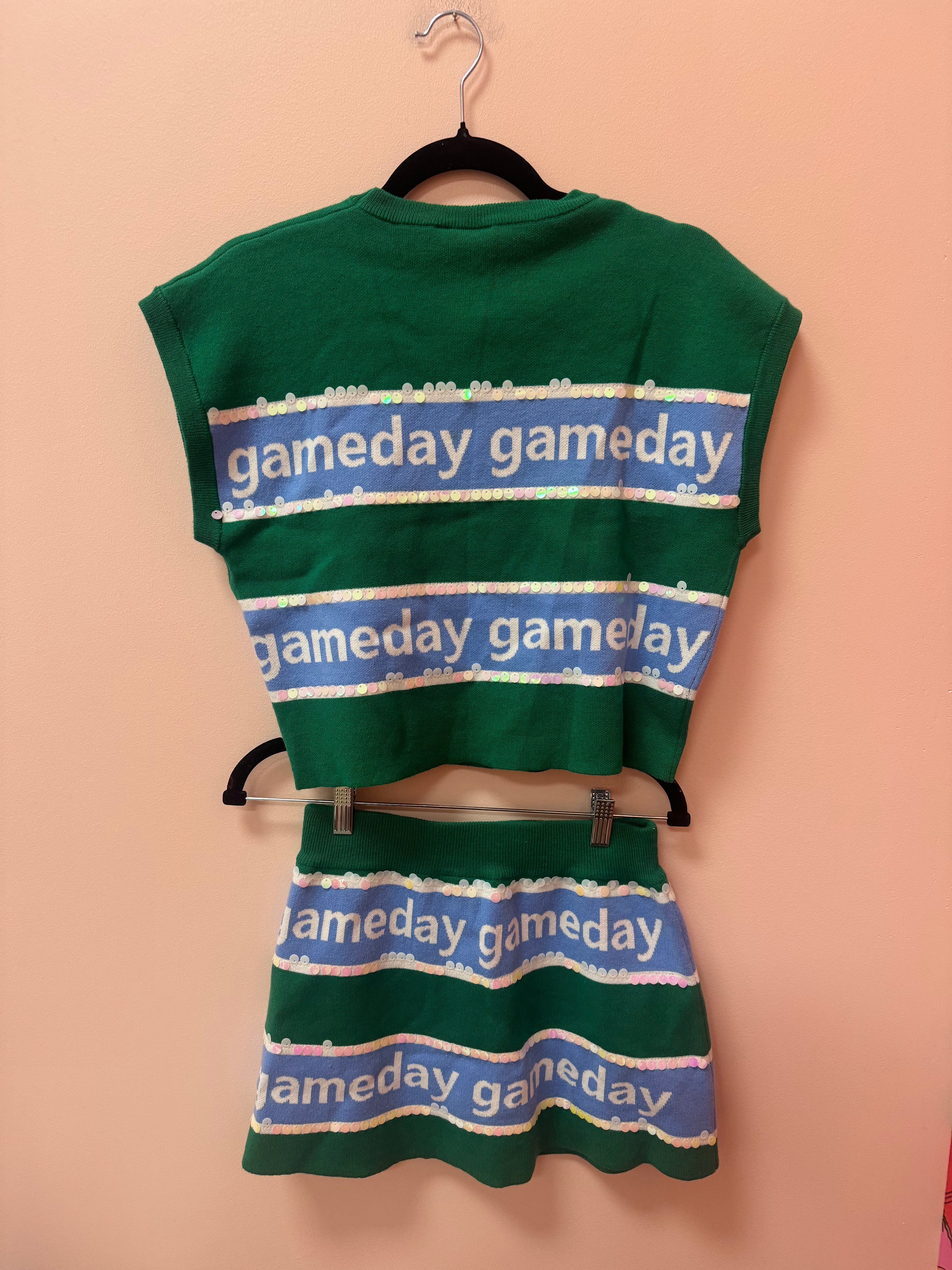 SAMPLE- GREEN & LIGHT BLUE STRIPE 'GAMEDAY' SHORT SLEEVE SWEATER TOP/SKIRT SET