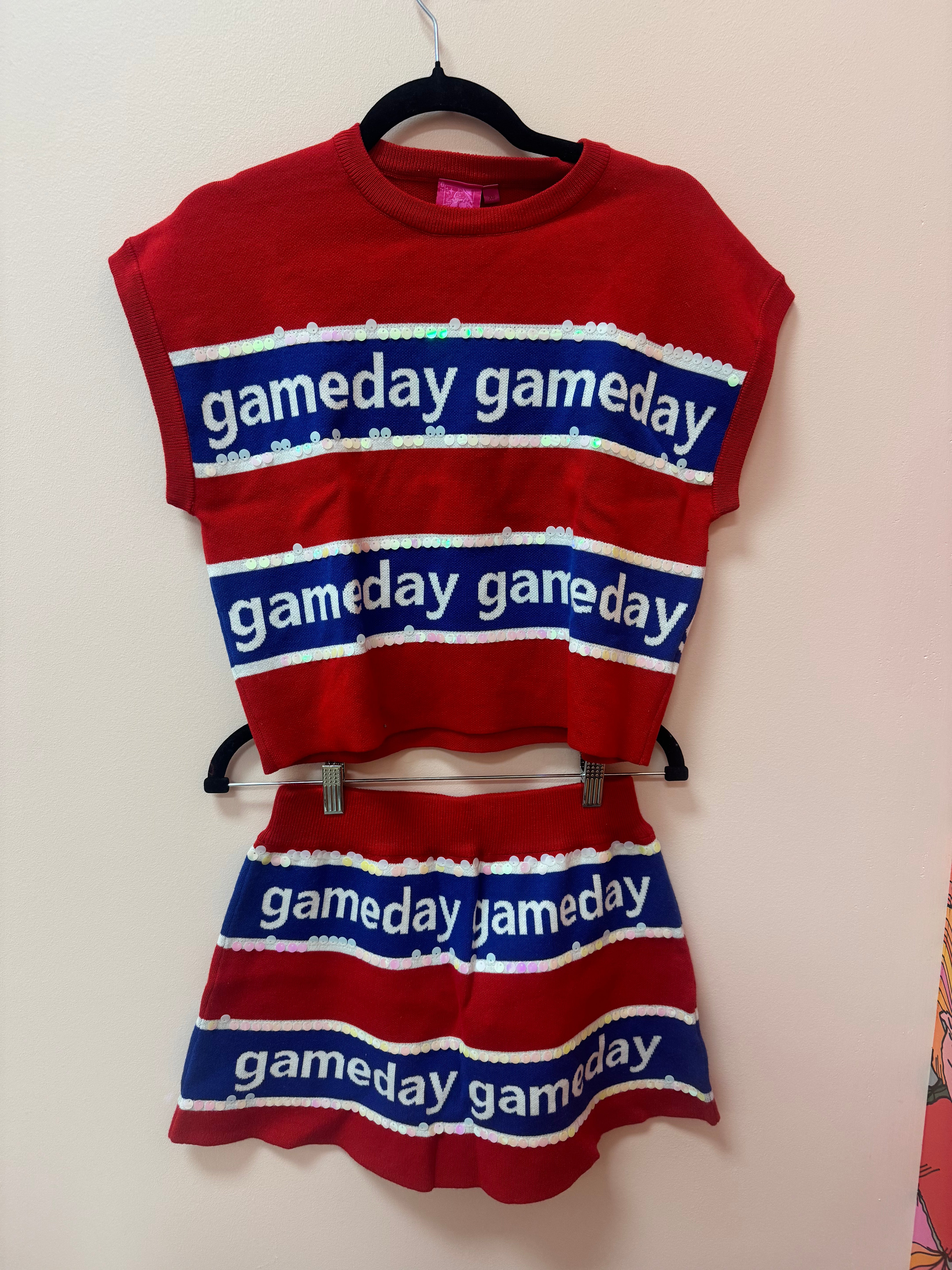 SAMPLE- RED & ROYAL STRIPE 'GAMEDAY' SHORT SLEEVE SWEATER TOP/SKIRT SET