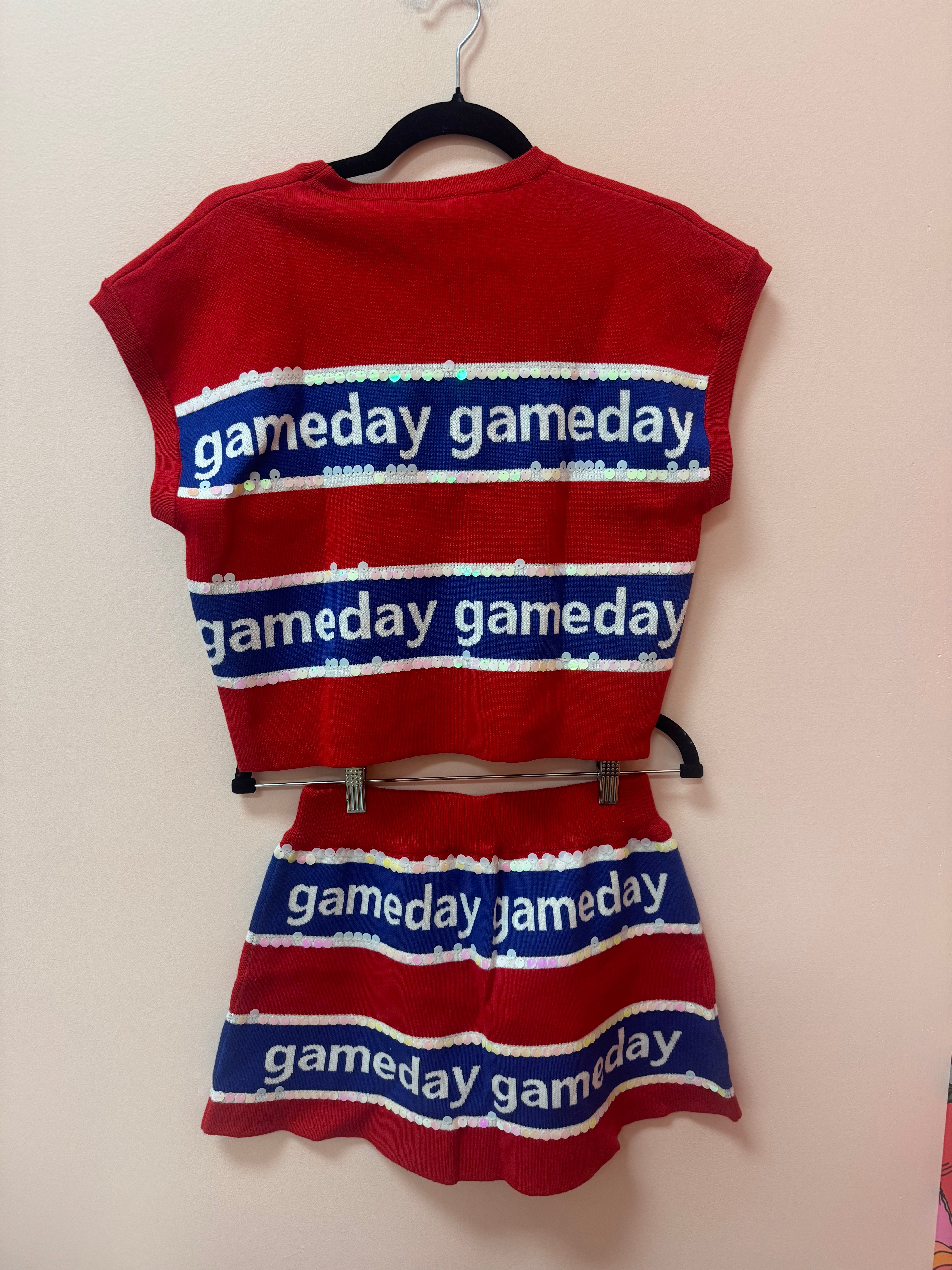 SAMPLE- RED & ROYAL STRIPE 'GAMEDAY' SHORT SLEEVE SWEATER TOP/SKIRT SET