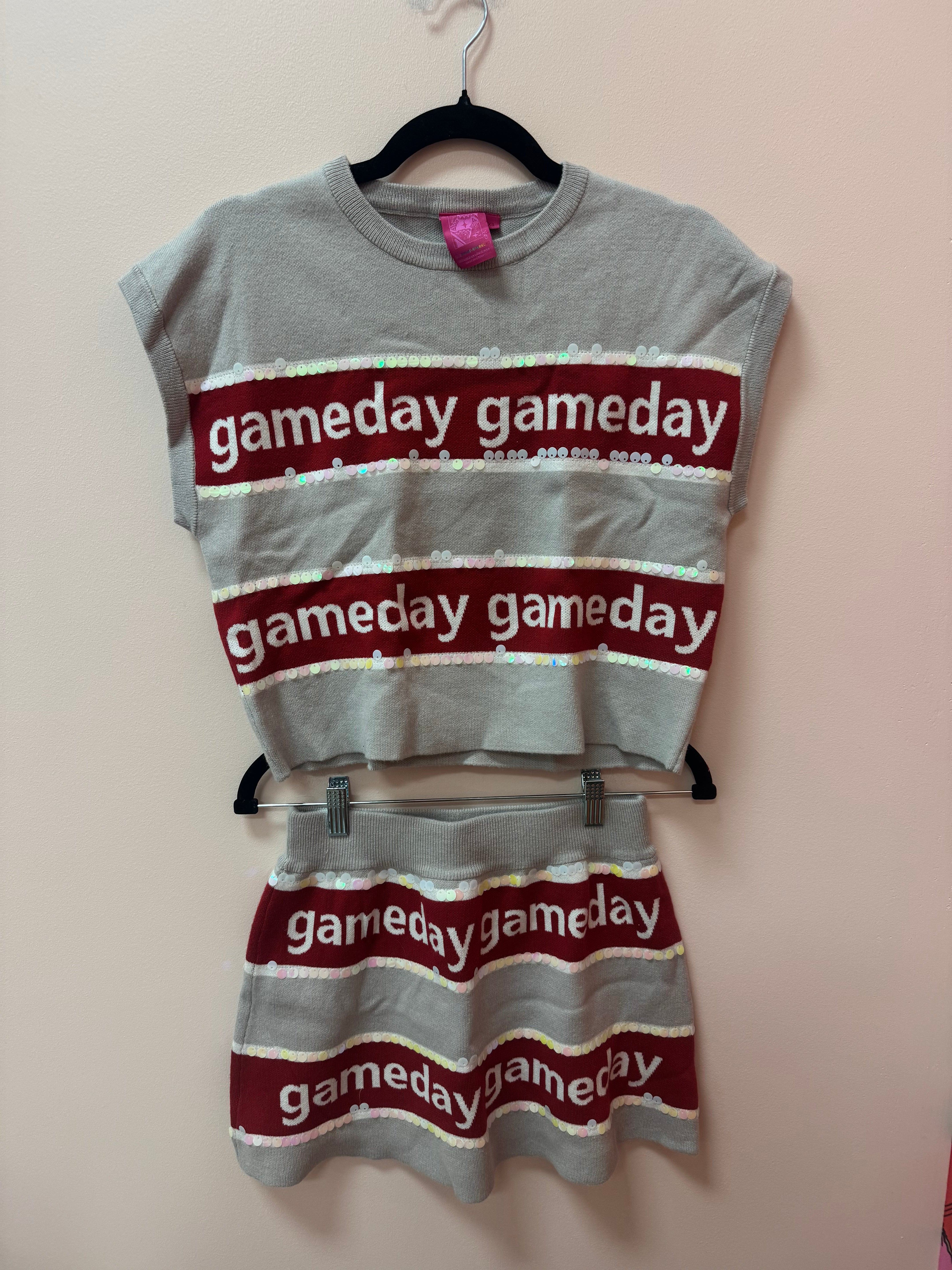 SAMPLE- GREY & CRIMSON STRIPE 'GAMEDAY' SHORT SLEEVE SWEATER TOP/SKIRT SET