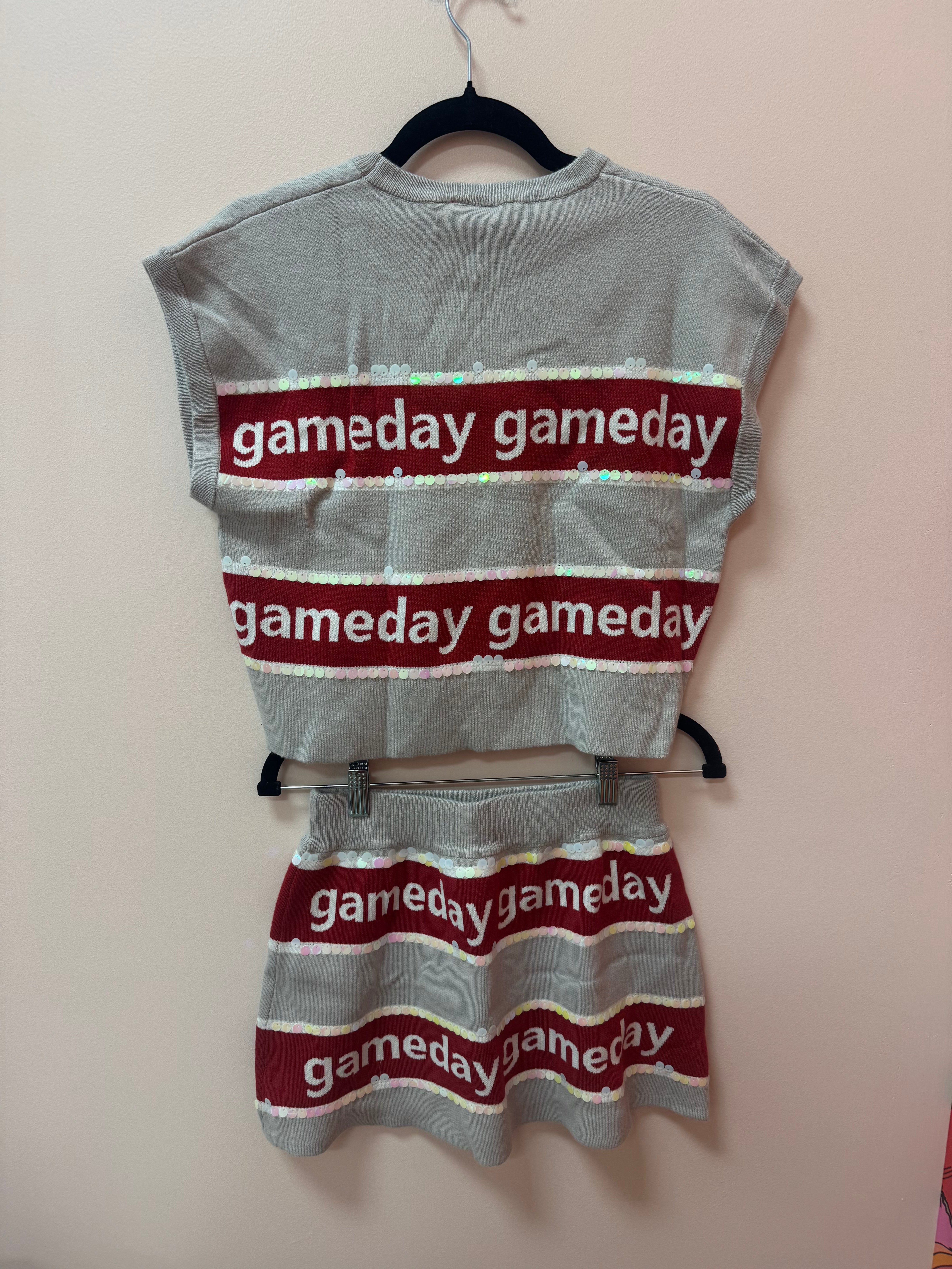 SAMPLE- GREY & CRIMSON STRIPE 'GAMEDAY' SHORT SLEEVE SWEATER TOP/SKIRT SET