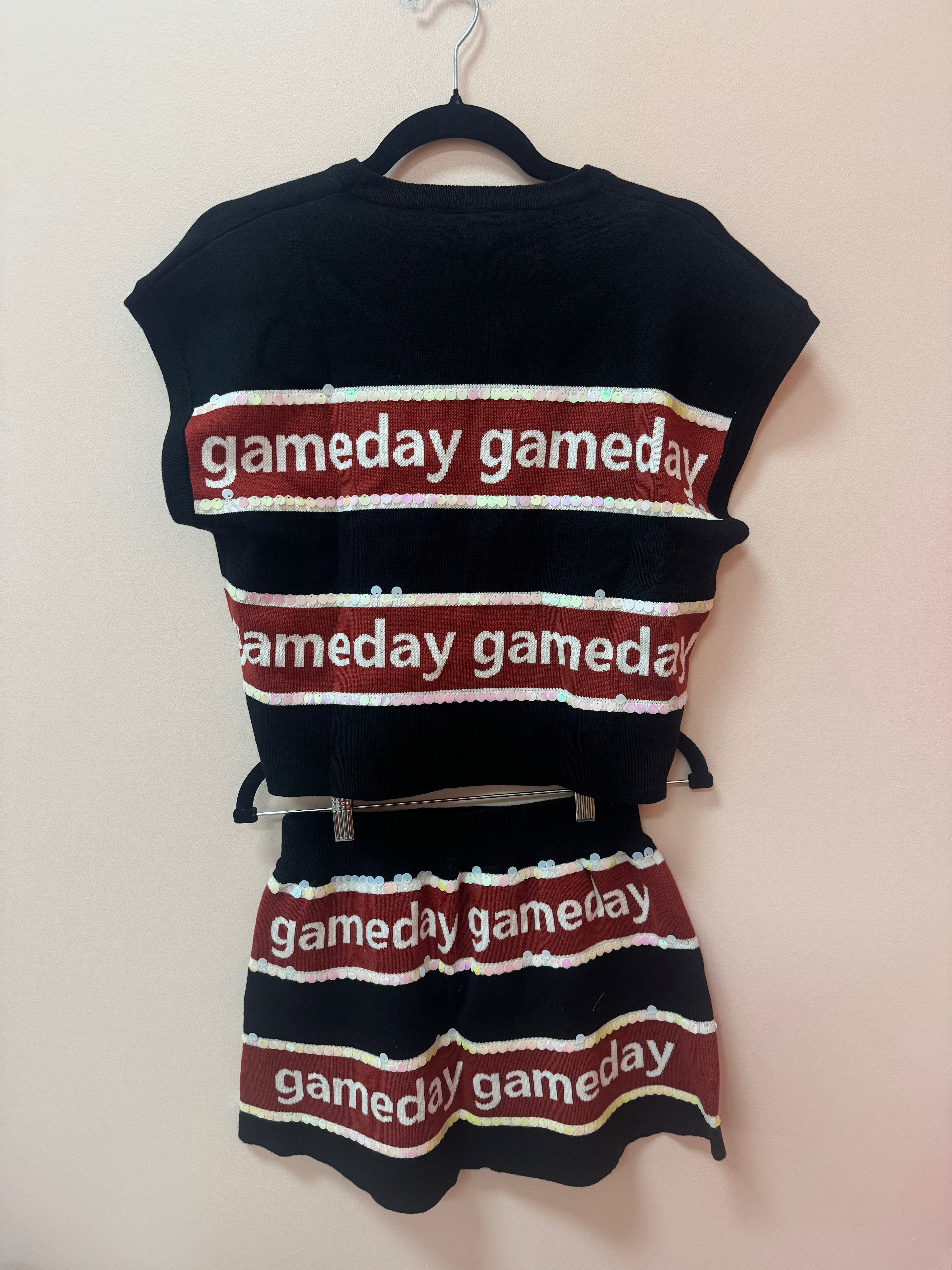 SAMPLE- BLACK & GARNET STRIPE 'GAMEDAY' SHORT SLEEVE SWEATER TOP/SKIRT SET