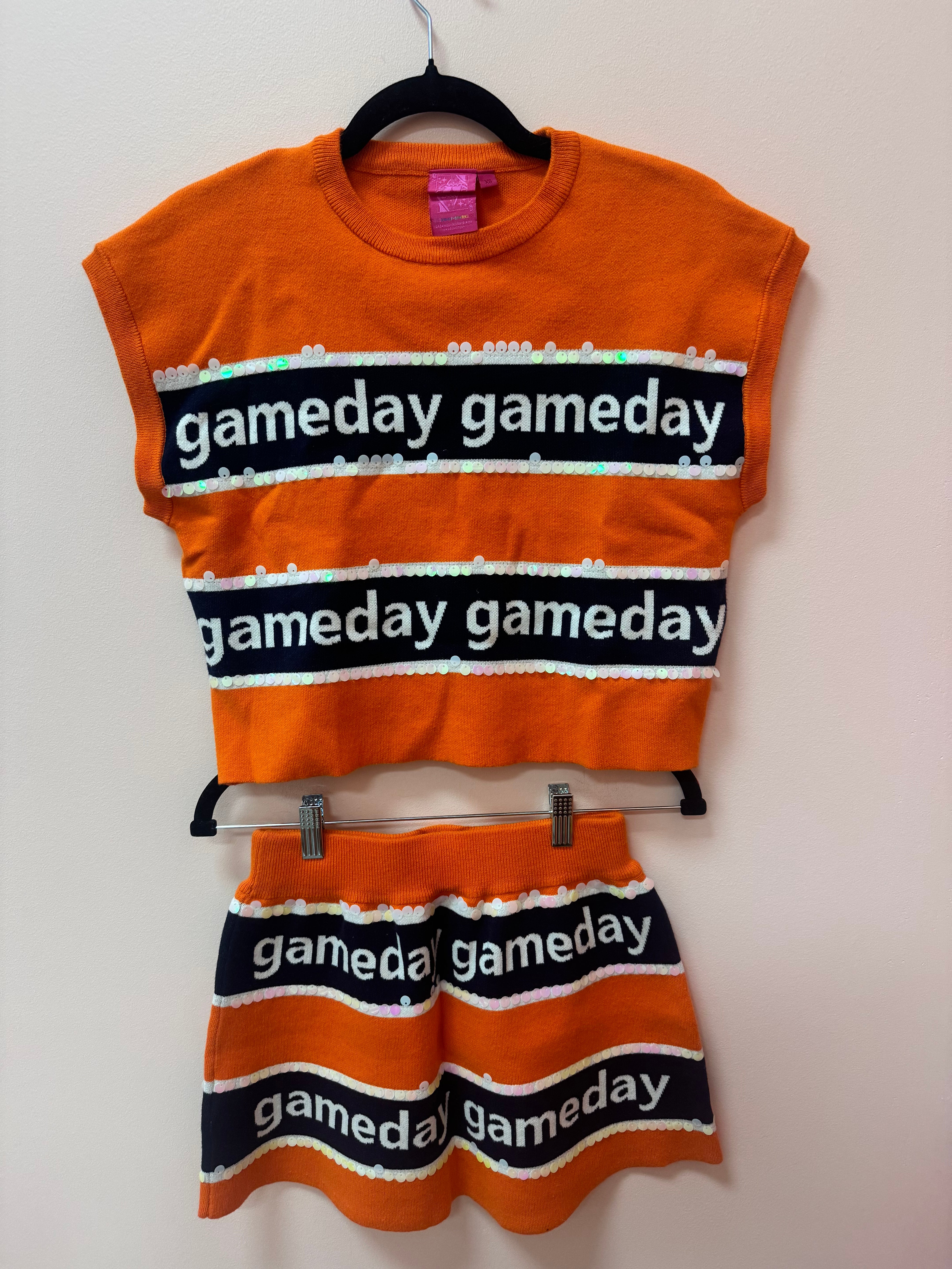 SAMPLE- NAVY & ORANGE STRIPE 'GAMEDAY' SHORT SLEEVE SWEATER TOP