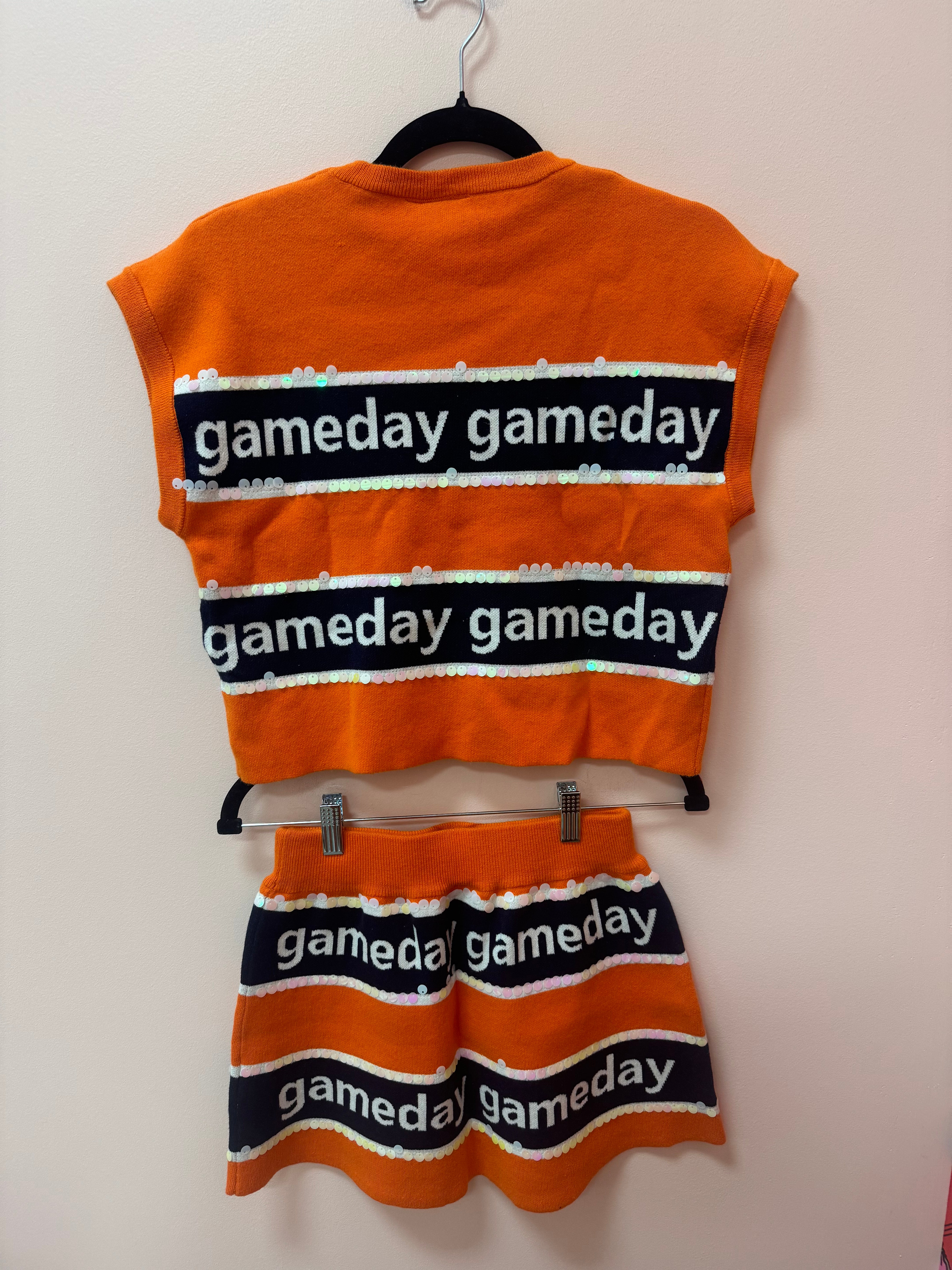 SAMPLE- NAVY & ORANGE STRIPE 'GAMEDAY' SHORT SLEEVE SWEATER TOP