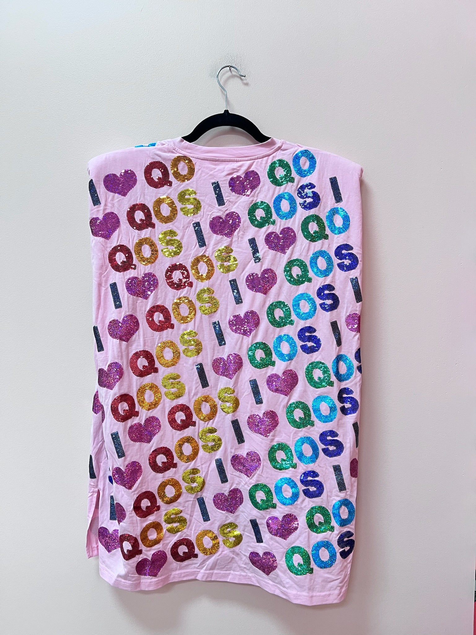 SAMPLE- LIGHT PINK & RAINBOW LOVE QOS SHOULDER PAD DRESS