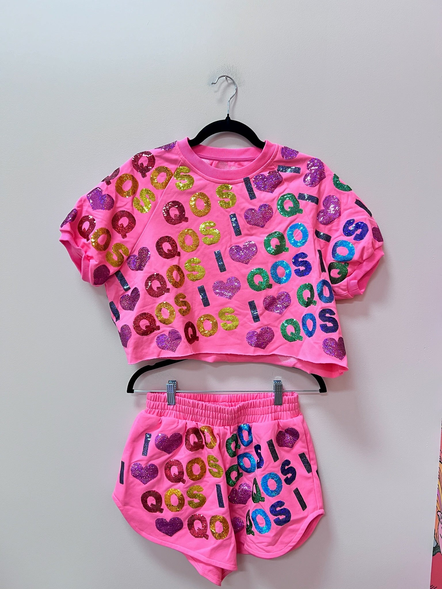 SAMPLE- NEON PINK & RAINBOW I LOVE QOS TOP/SHORT SET