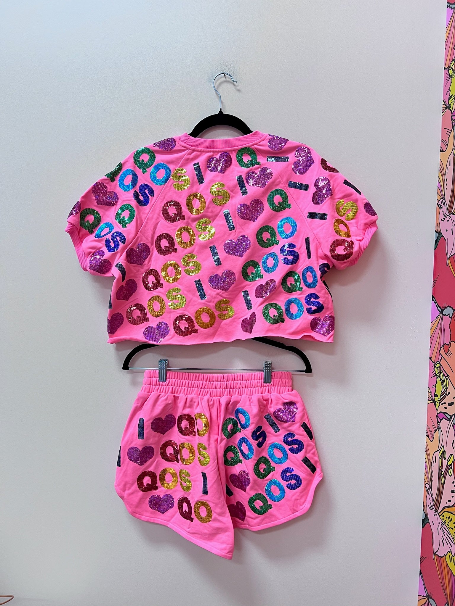 SAMPLE- NEON PINK & RAINBOW I LOVE QOS TOP/SHORT SET