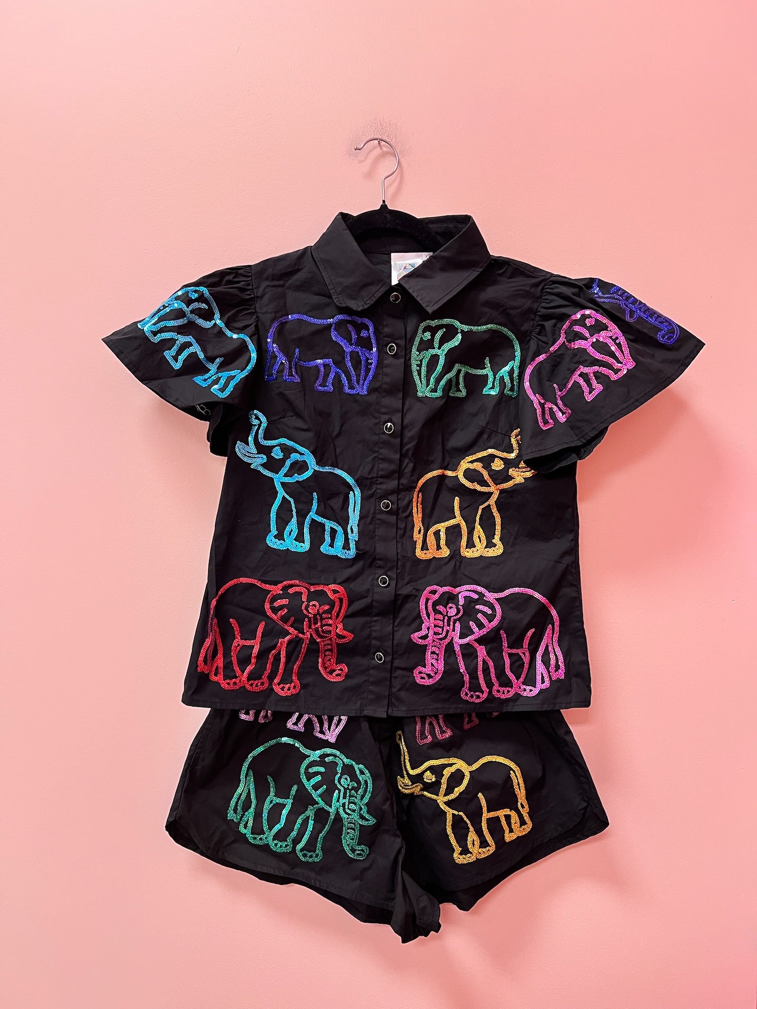 SAMPLE- BLACK & RAINBOW  ELEPHANT COTTON BUTTON DOWN SET