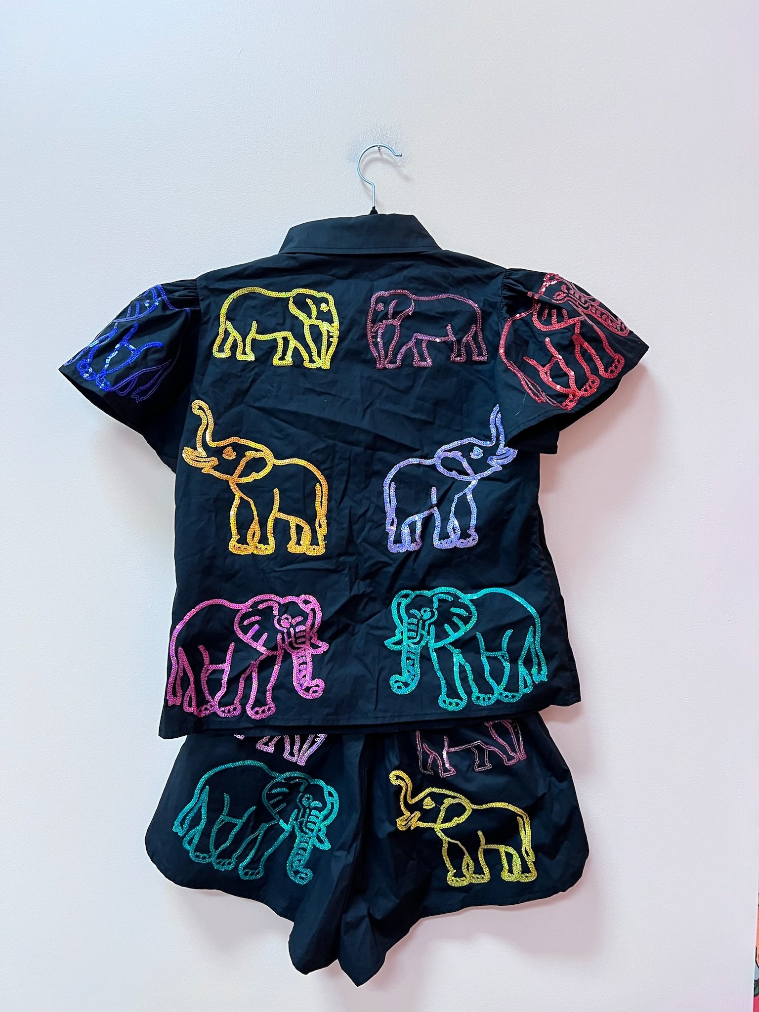 SAMPLE- BLACK & RAINBOW  ELEPHANT COTTON BUTTON DOWN SET