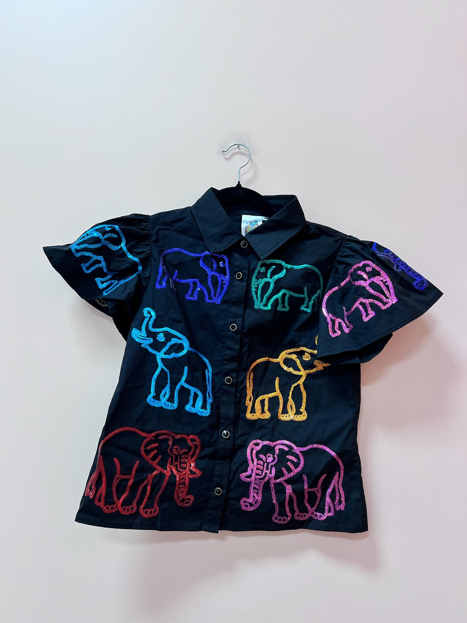 SAMPLE- BLACK & RAINBOW  ELEPHANT COTTON TOP