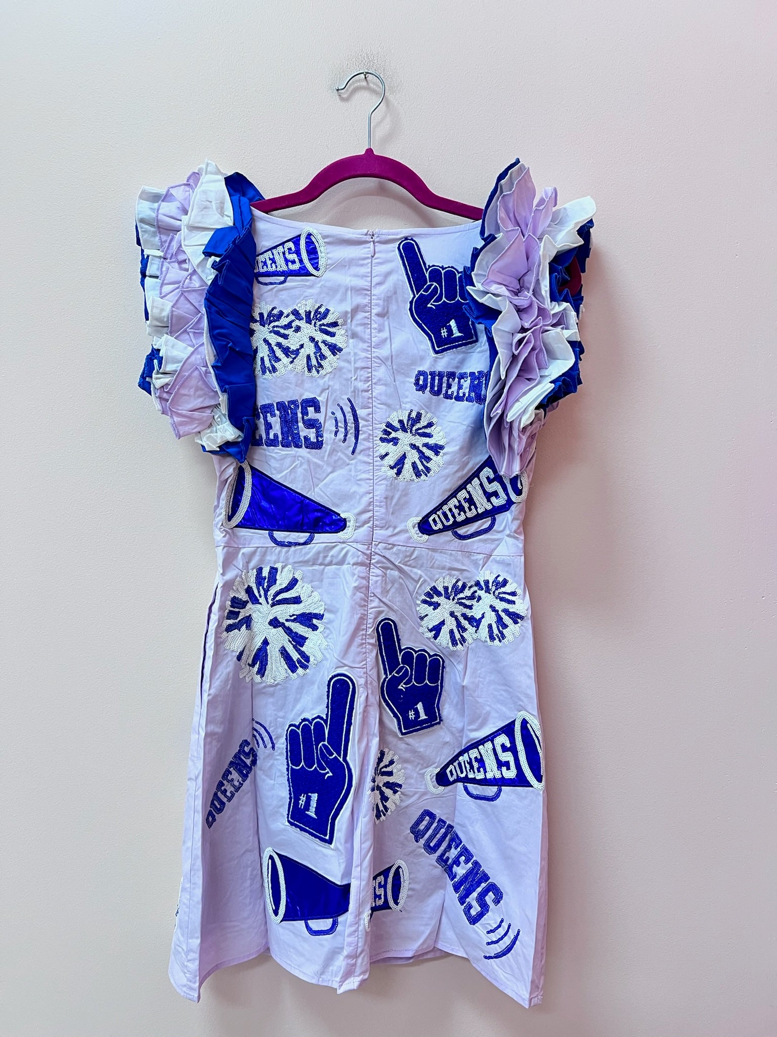 SAMPLE- LAVENDER, ROYAL & WHITE CHEERS ICON RUFFLE DRESS