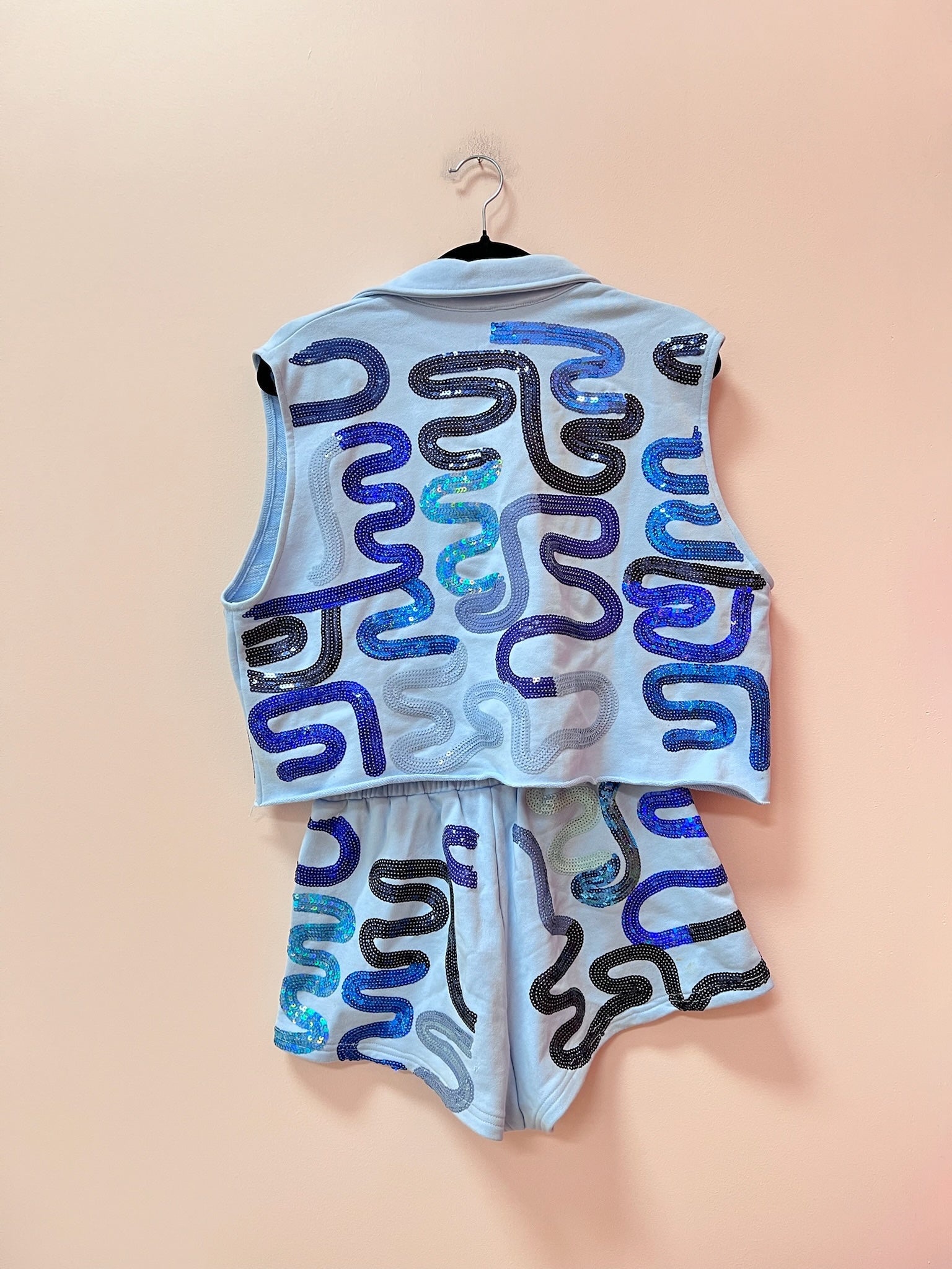 SAMPLE- POWDER BLUE, ROYAL & BLACK SQUIGGLE COLLAR TOP/SHORT SET