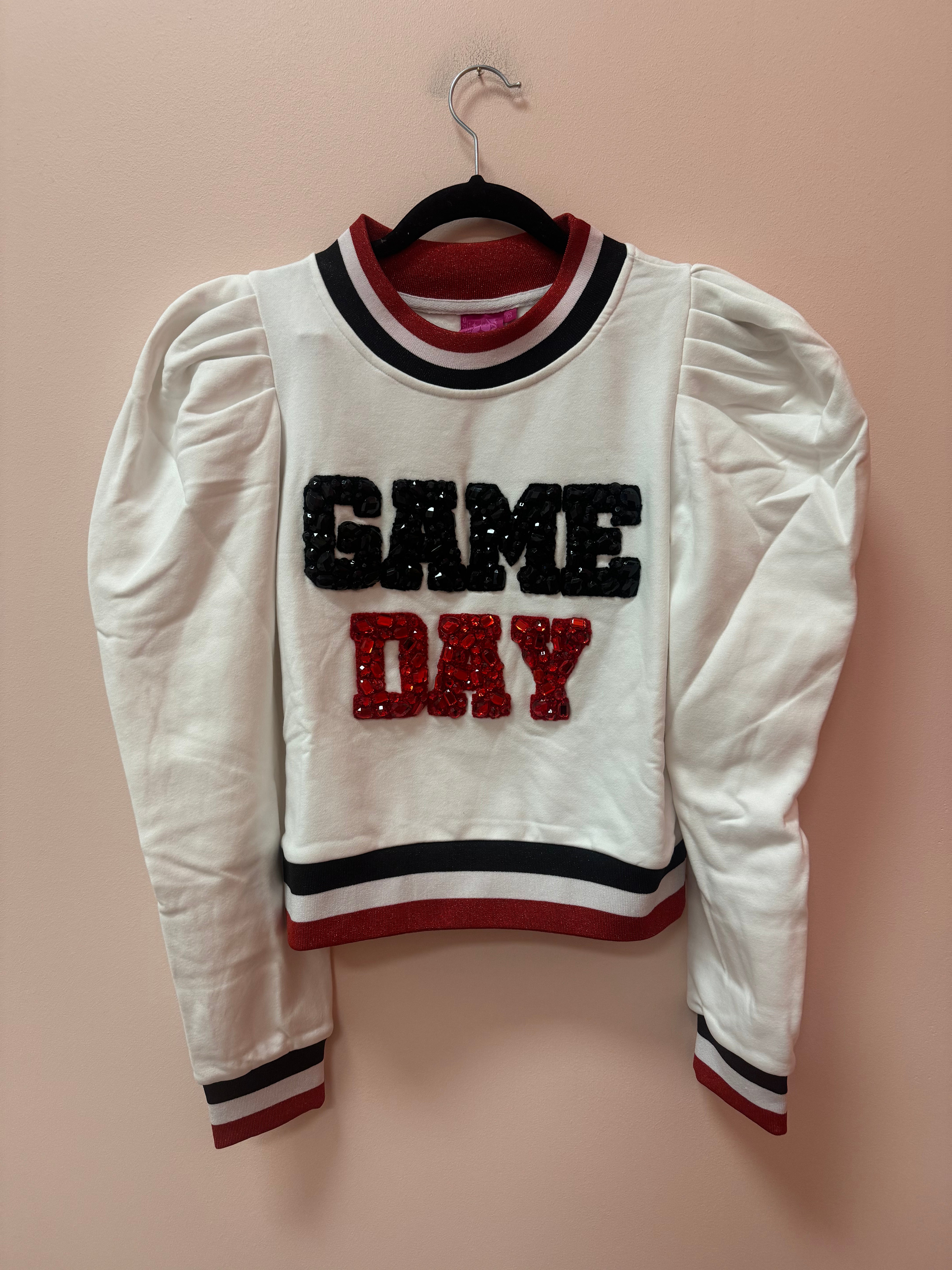 DAMAGED- WHITE, BLACK & RED 'GAME DAY' POOF SLEEVE TOP