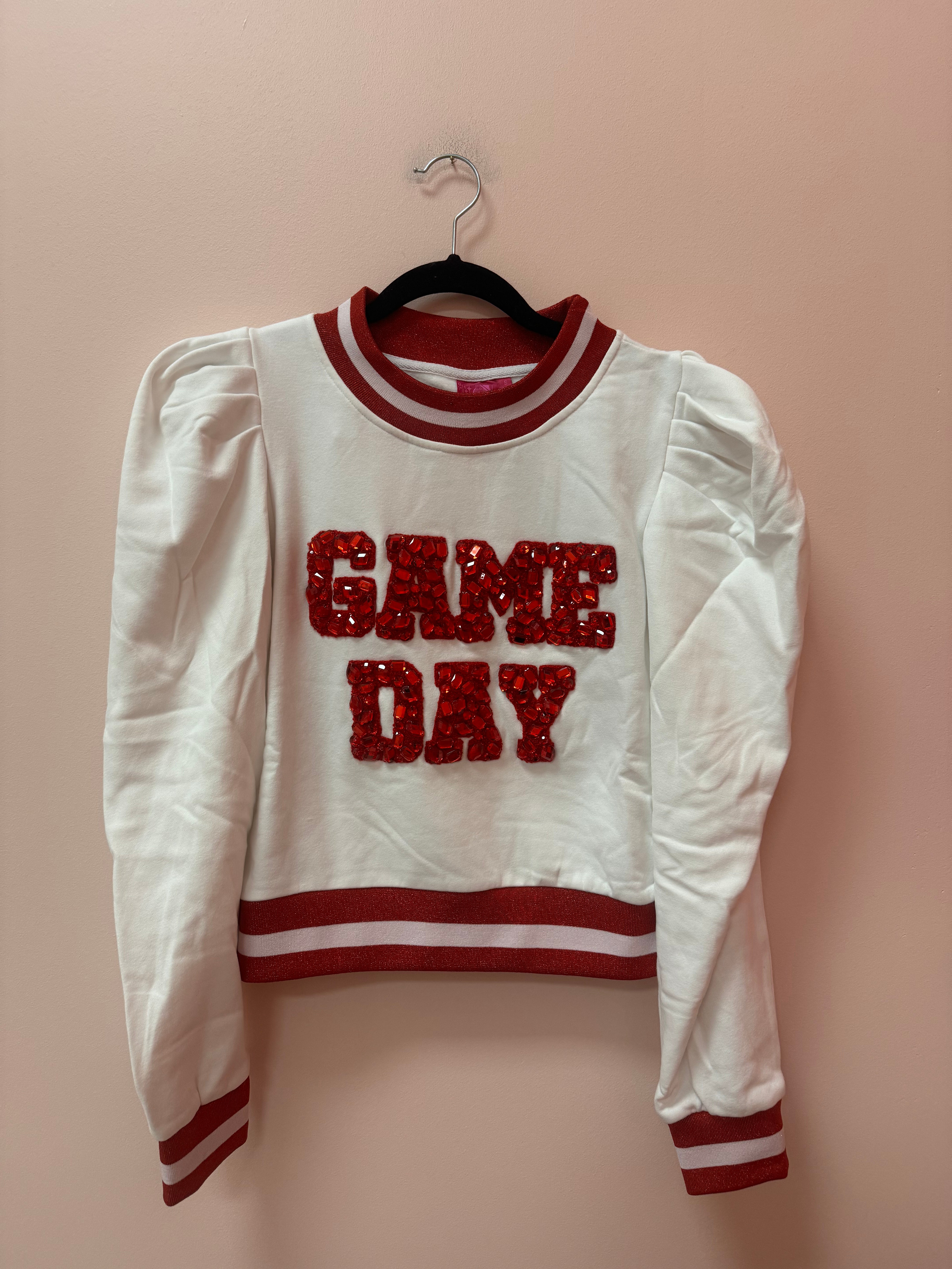 DAMAGED- WHITE & RED 'GAME DAY' POOF SLEEVE TOP