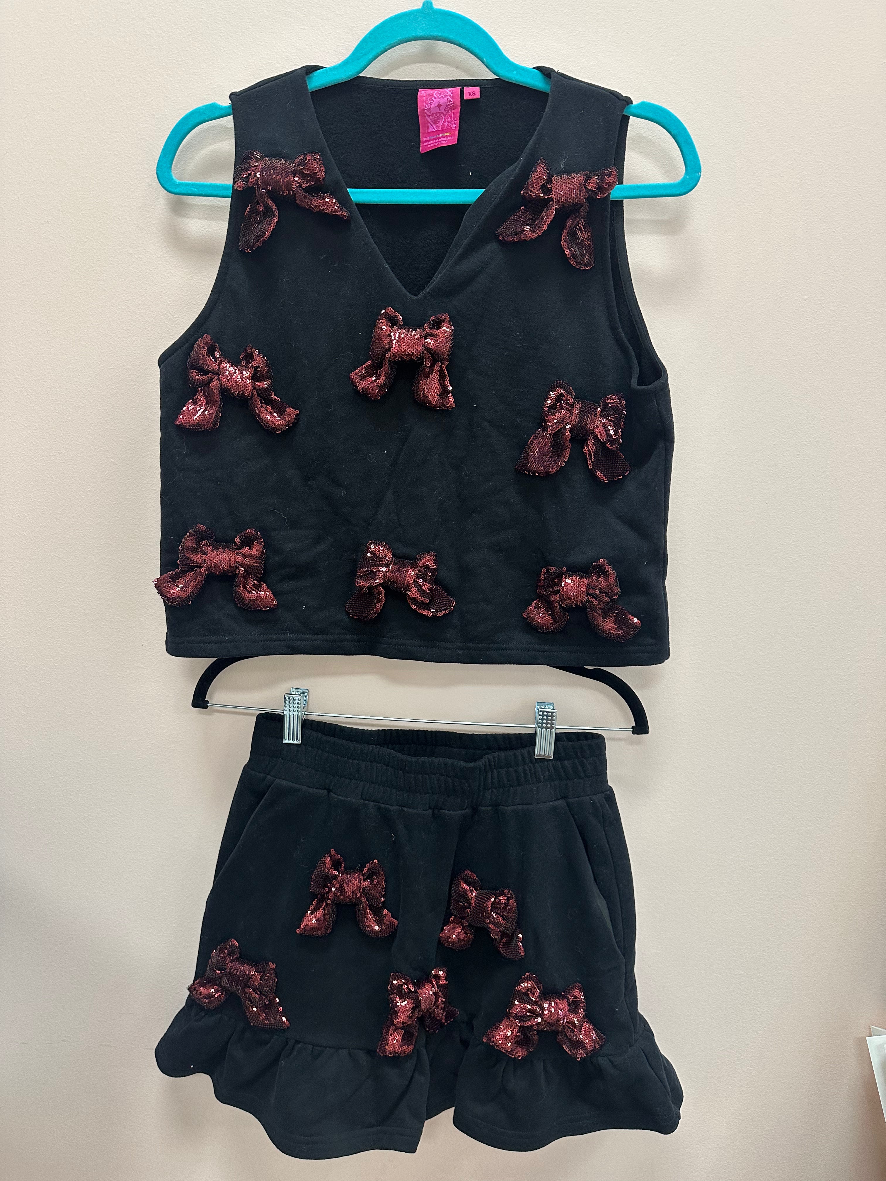 SAMPLE- BLACK & GARNET 3D BOW TANK/SKORT SET
