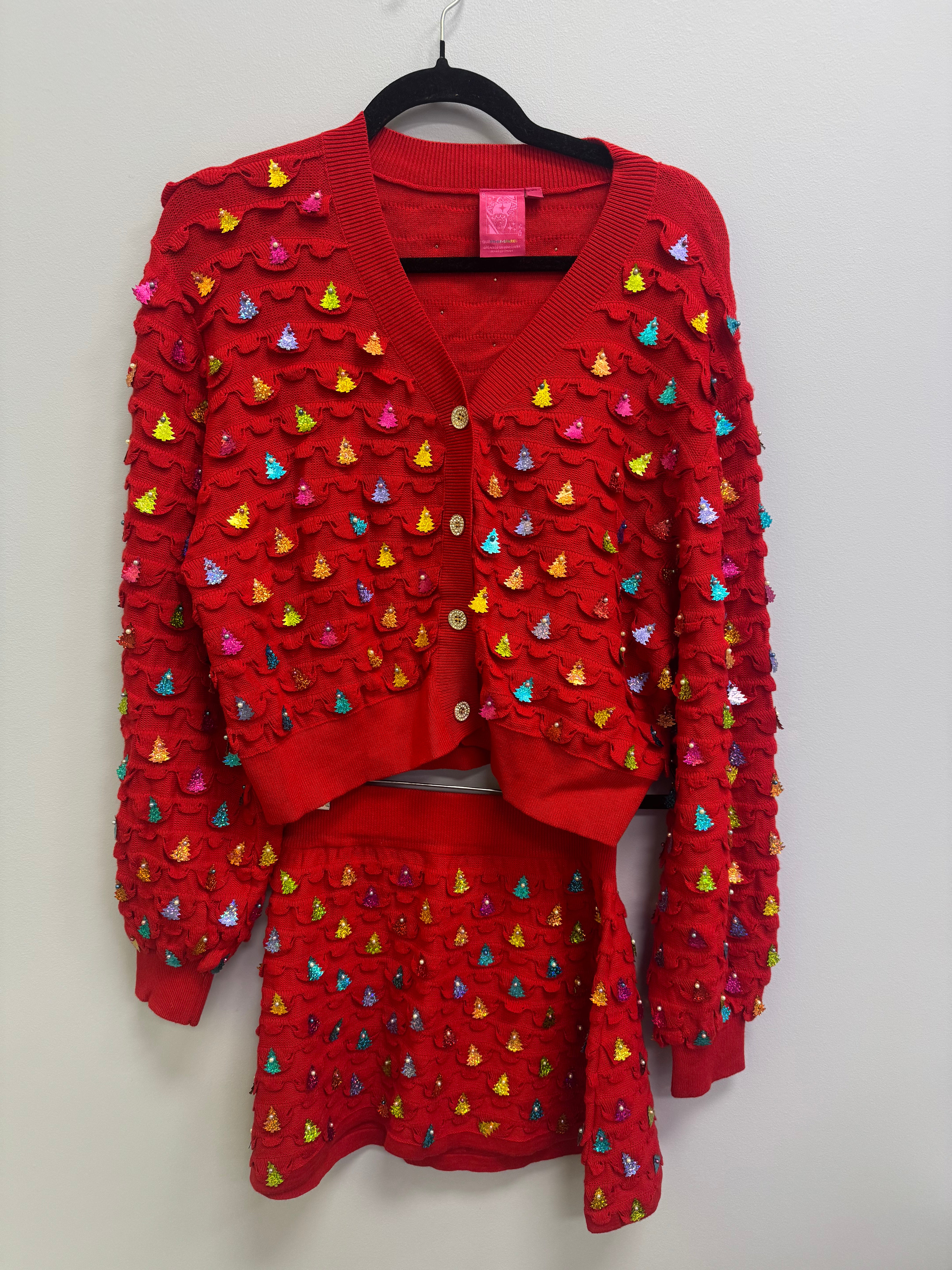 SAMPLE- RED WITH RAINBOW SEQUIN CHRISTMAS TREE CARDIGAN/SKIRT SET