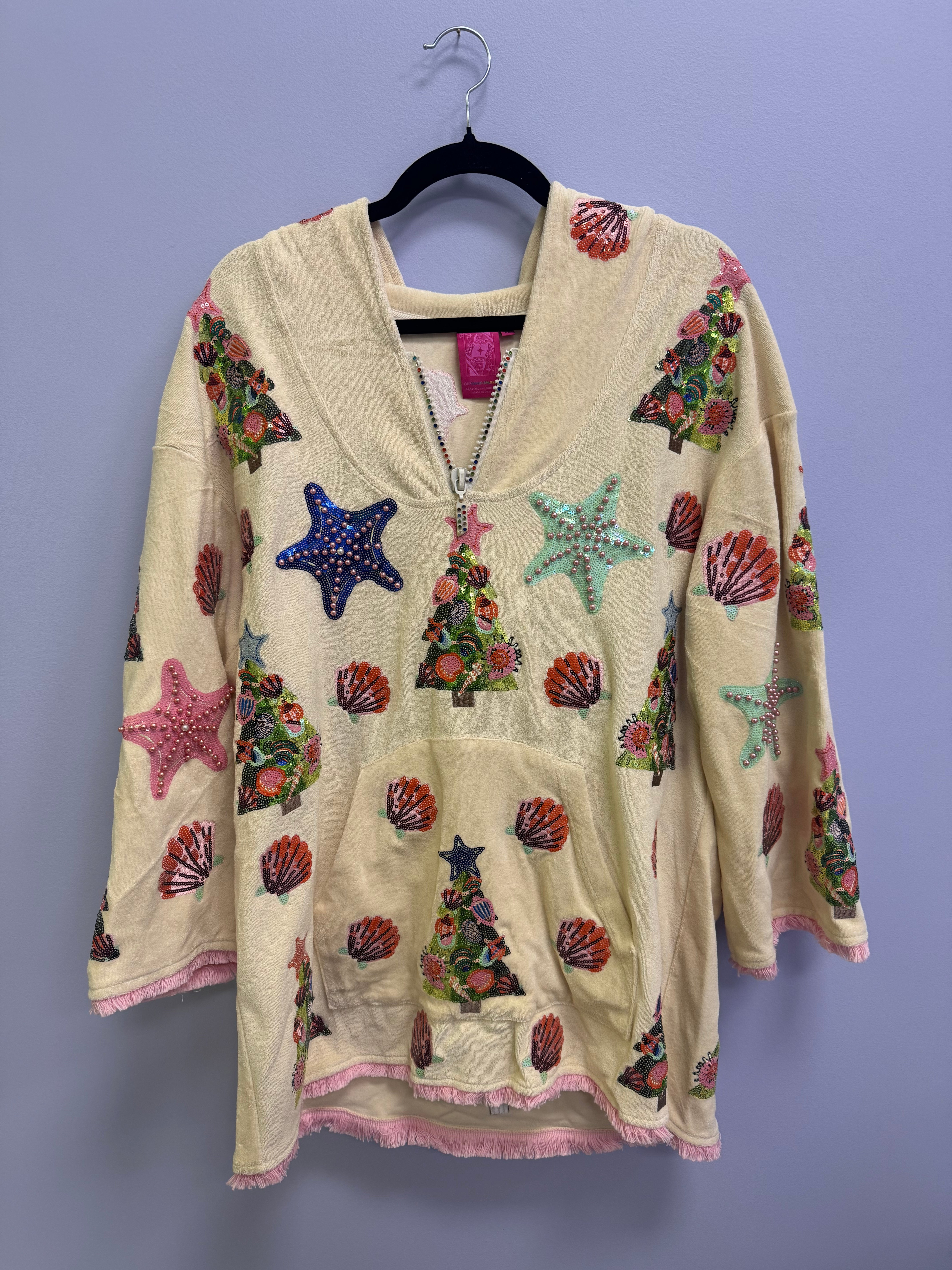 SAMPLE- BEIGE MULTI SHELL & CHRISTMAS TREE TERRY CLOTH COVERUP