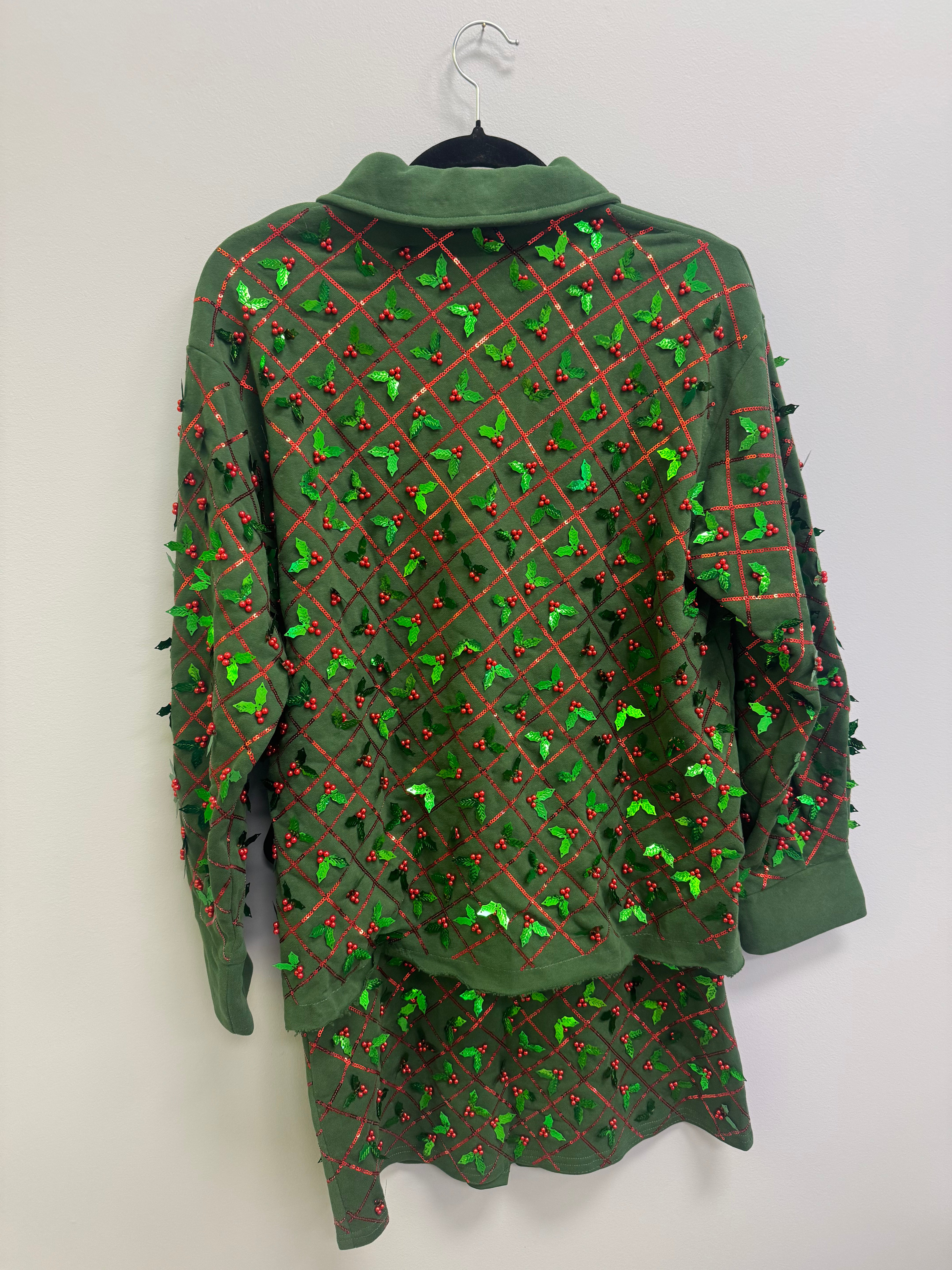 SAMPLE- DARK GREEN DIAGONAL LINE WITH HOLLY SHACKET/SKIRT SET