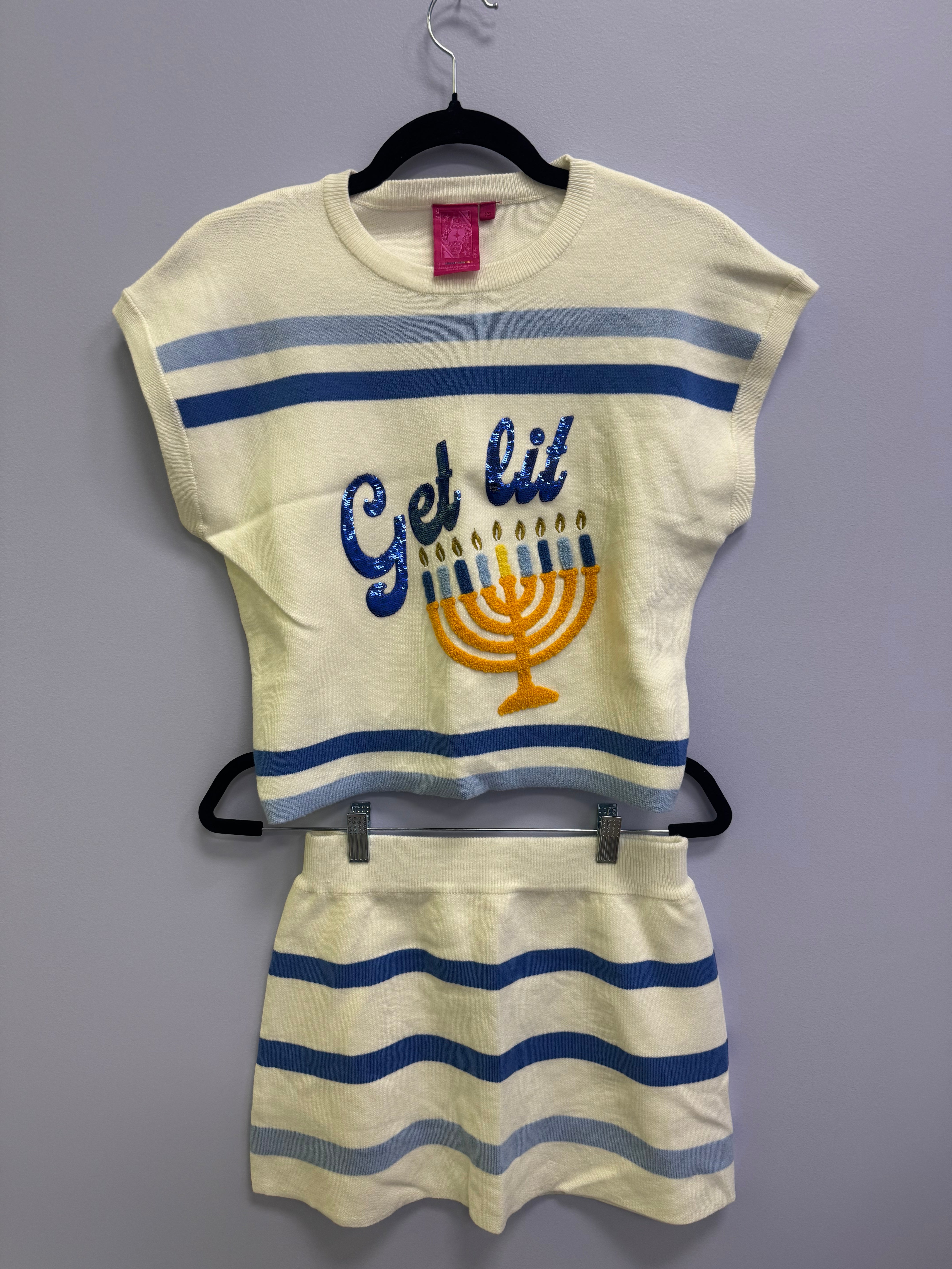 SAMPLE- WHITE & ROYAL ‘GET LIT’ MENORAH STRIPE TOP/SKIRT SET