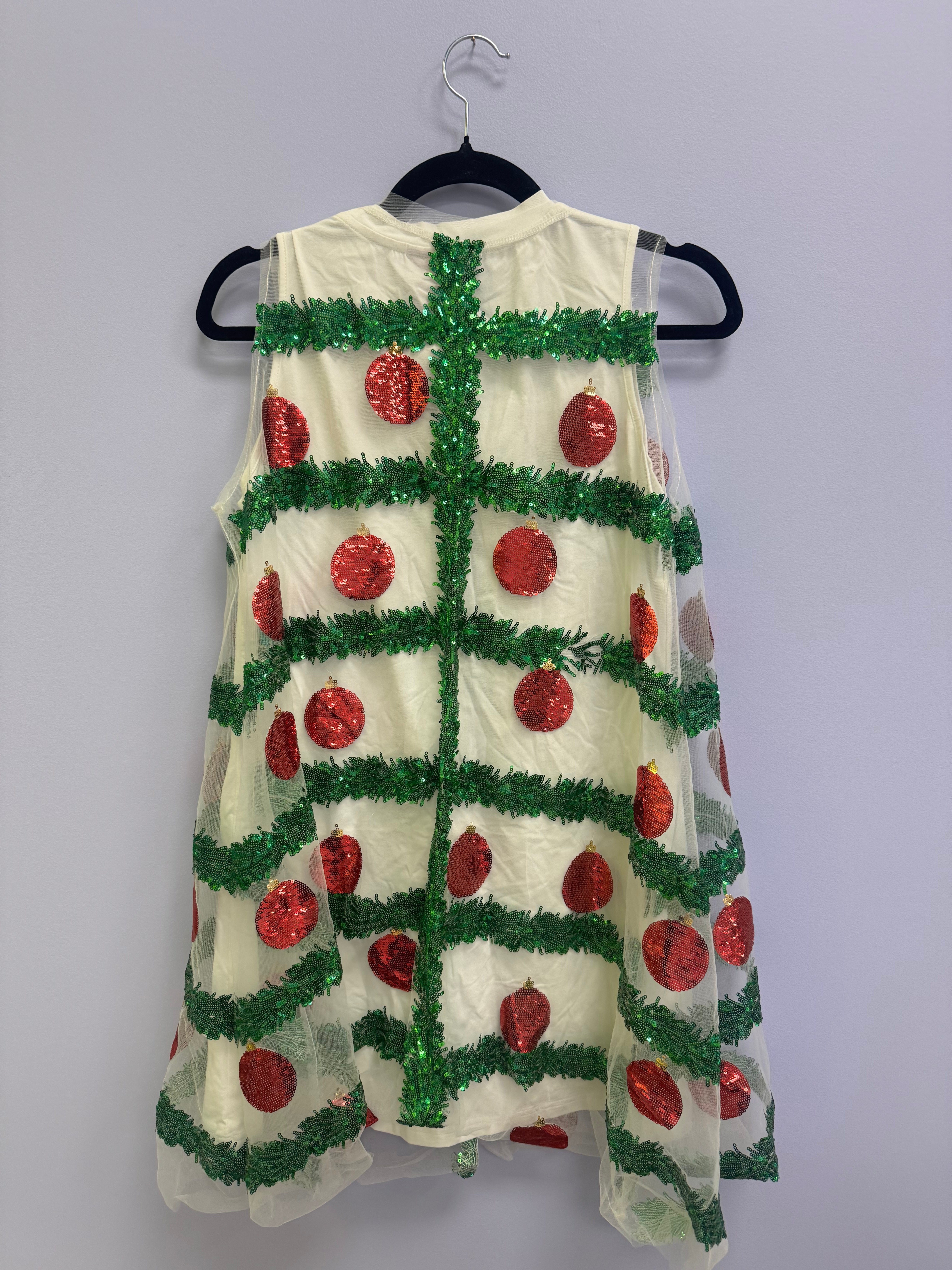 SAMPLE- WHITE TULLE GREEN TINSEL AND RED ORNAMENT DRESS