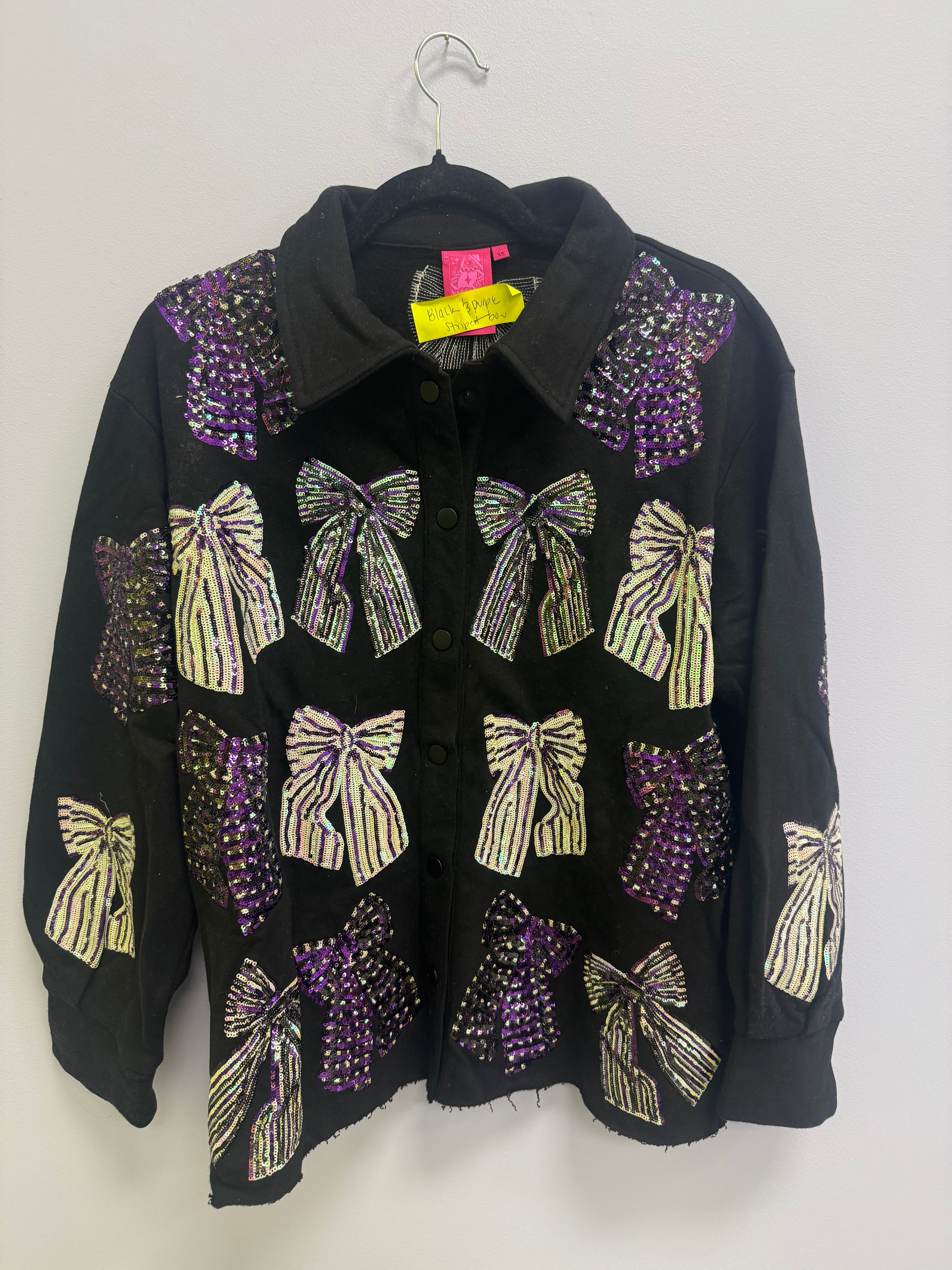 SAMPLE- BLACK & PURPLE STRIPED BOW SHACKET